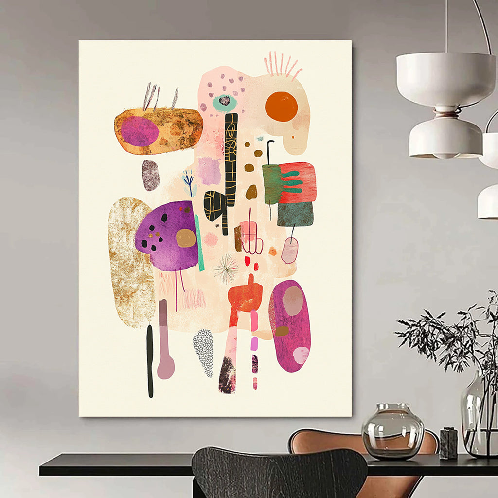 Large abstract illustration featuring soft pastel colors and simple line drawings with whimsical hand-drawn elements on a textured white background.STSC1322