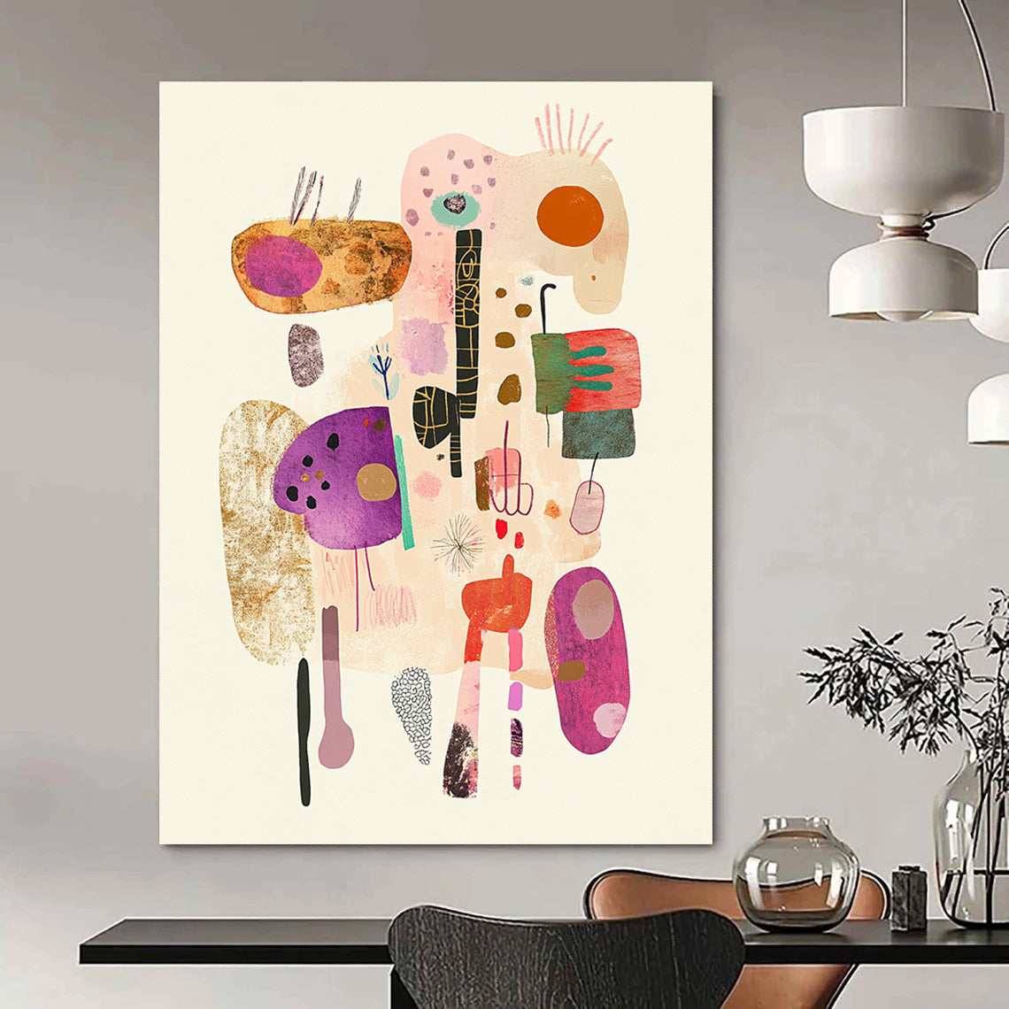 Large abstract illustration featuring soft pastel colors and simple line drawings with whimsical hand-drawn elements on a textured white background.STSC1322