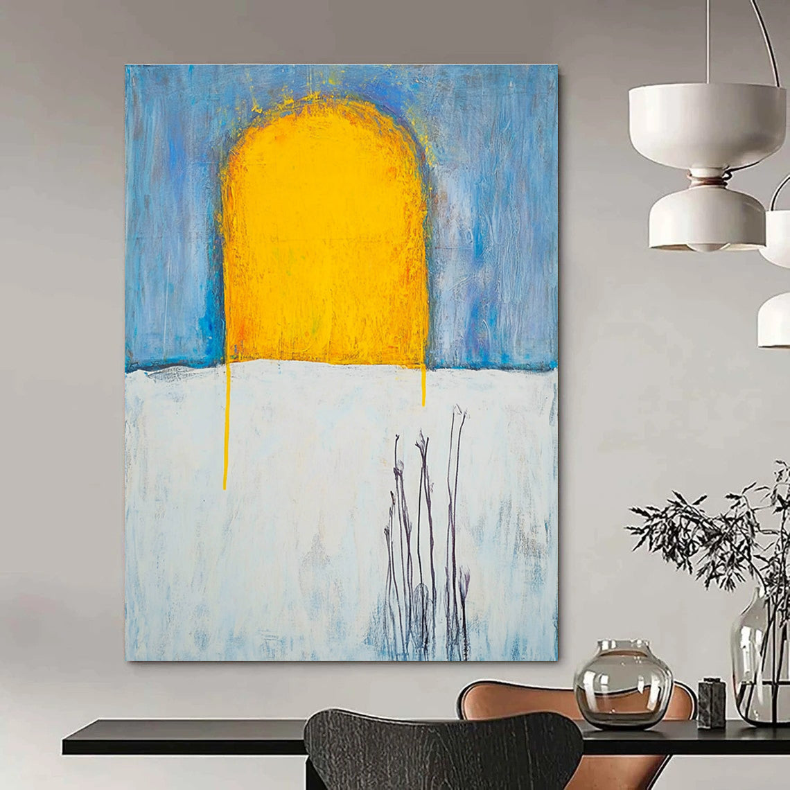 Large abstract painting with yellow sun rays on a white sky featuring textured oil paint and visible brush strokes inspired by Duchamp and Beksiński.STSC370