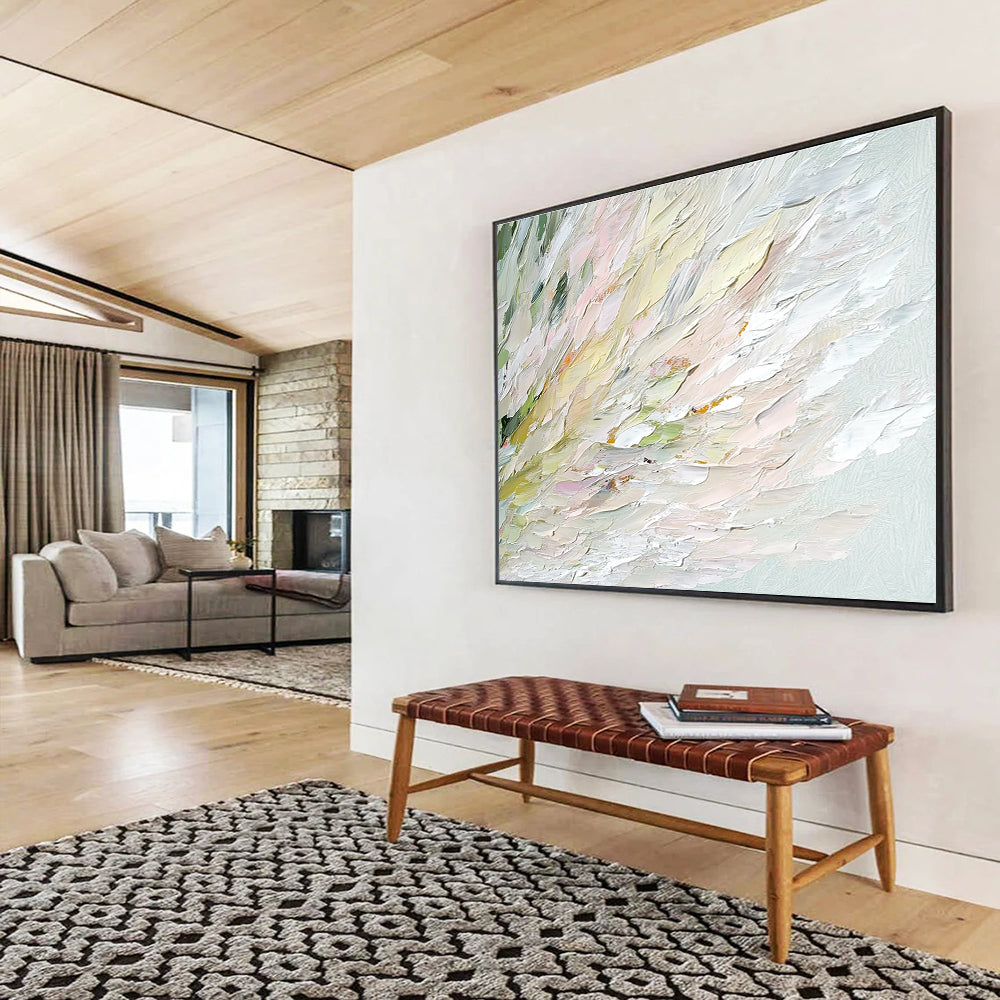 An abstract oil painting features soft swan feathers in whites greens pinks and yellows with a blurred water ripple background enhancing tranquility and elegance.SC450
