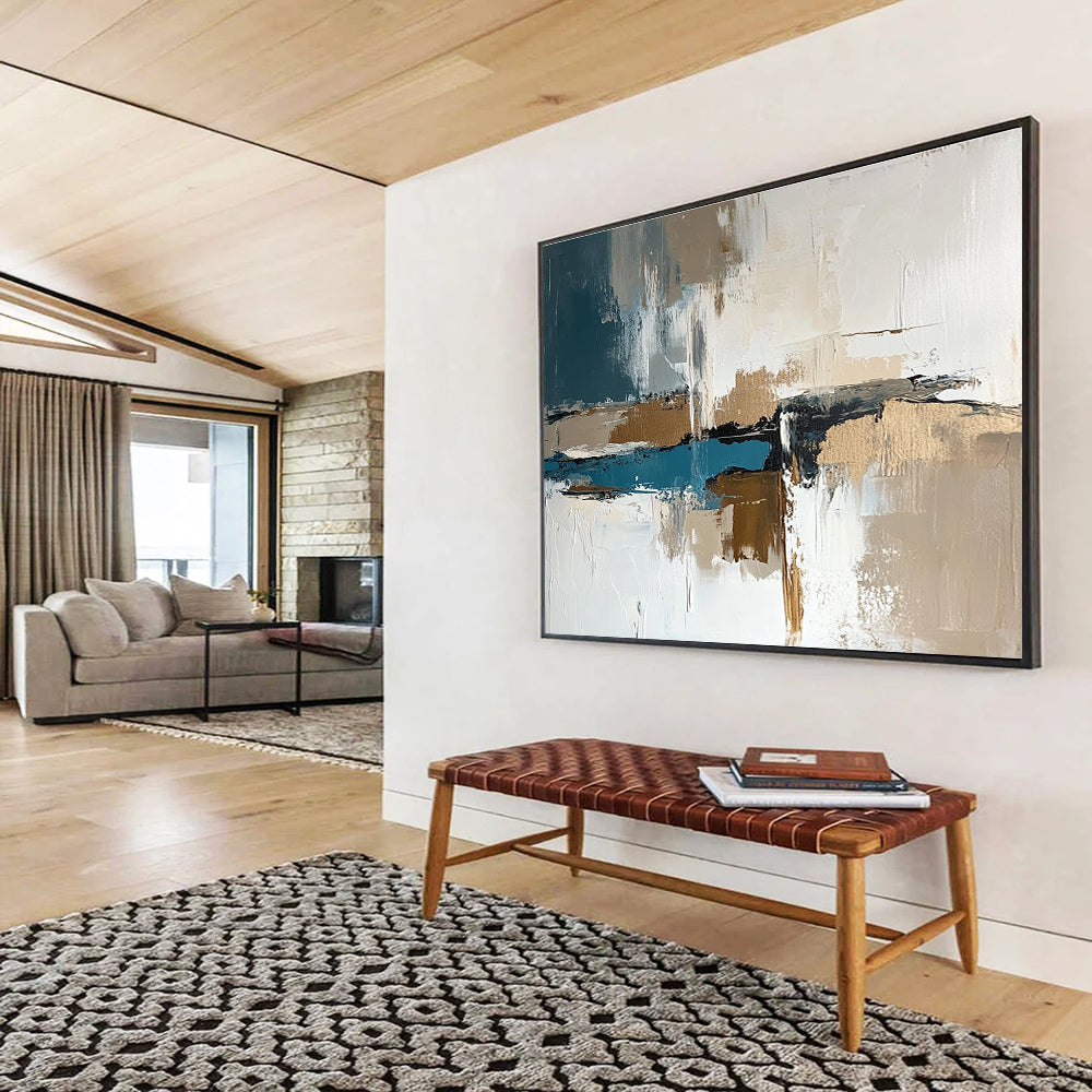 Large abstract painting in white and brown with teal accents featuring thick brush strokes and neutral tones perfect for modern decor.SC313