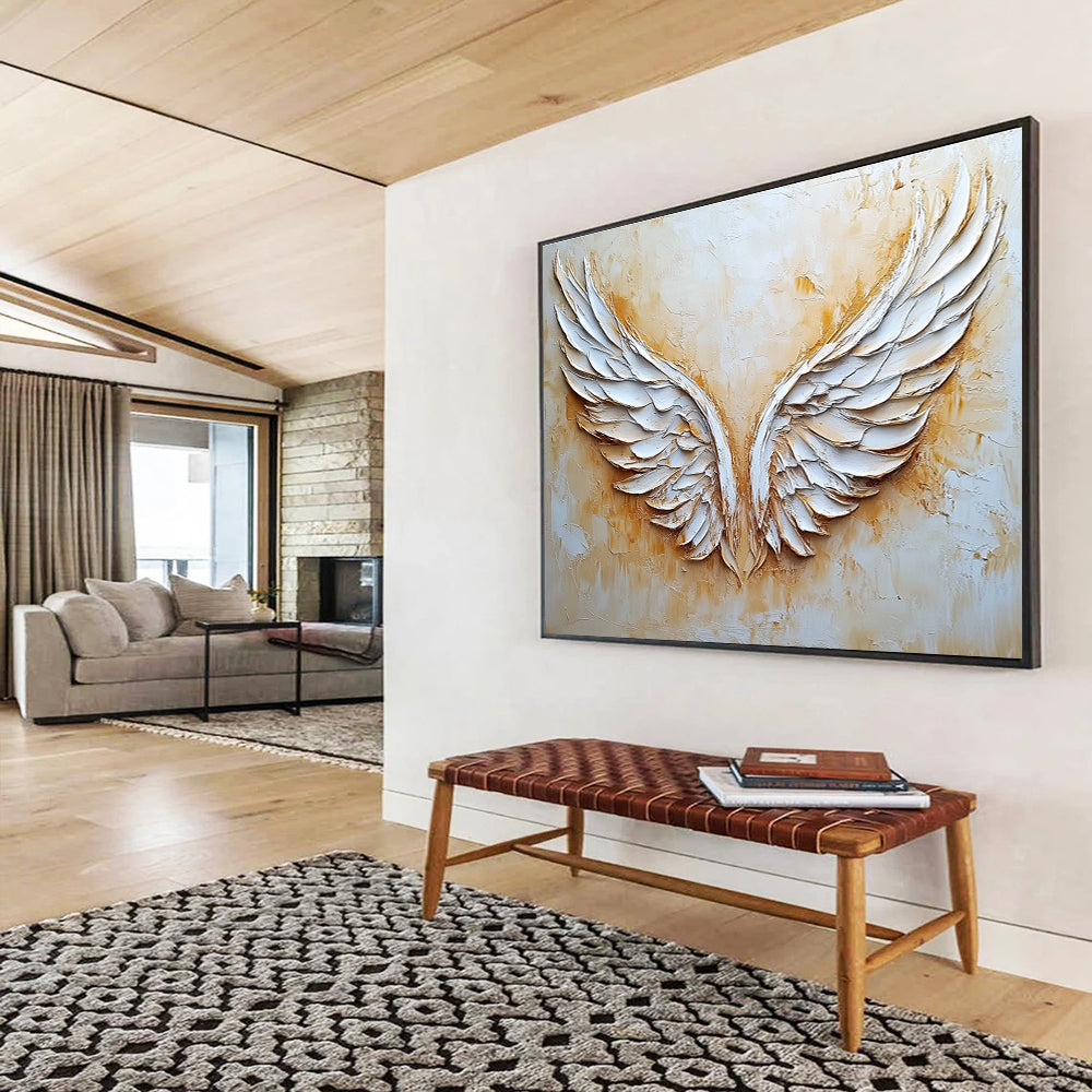 Large abstract angel wings oil painting in beige and white on textured canvas adds elegance and depth to any space.SC004