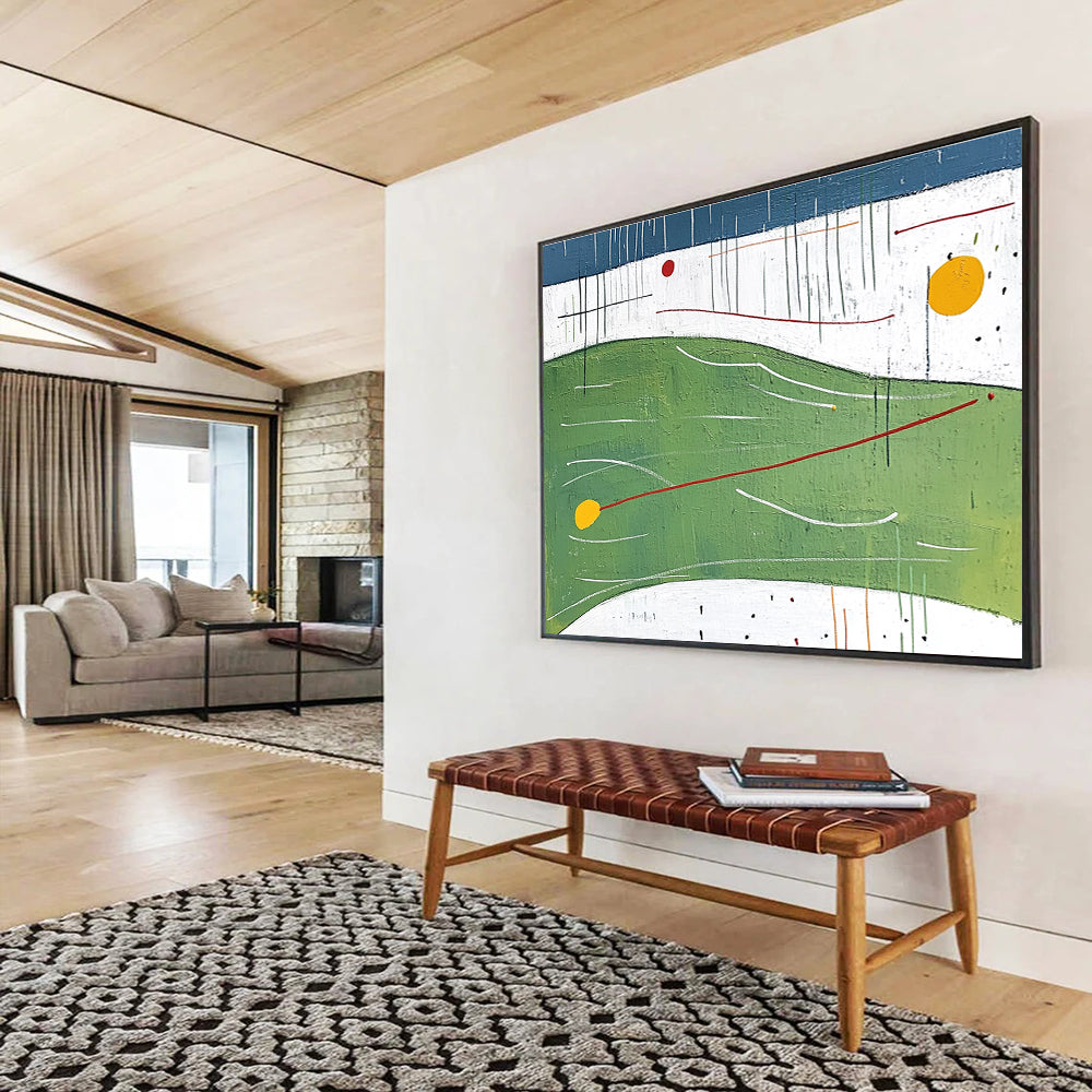 Large abstract painting featuring flat shapes and lines in green with yellow bubbles orange curves and red arrows against a white background and blue sky.SC176