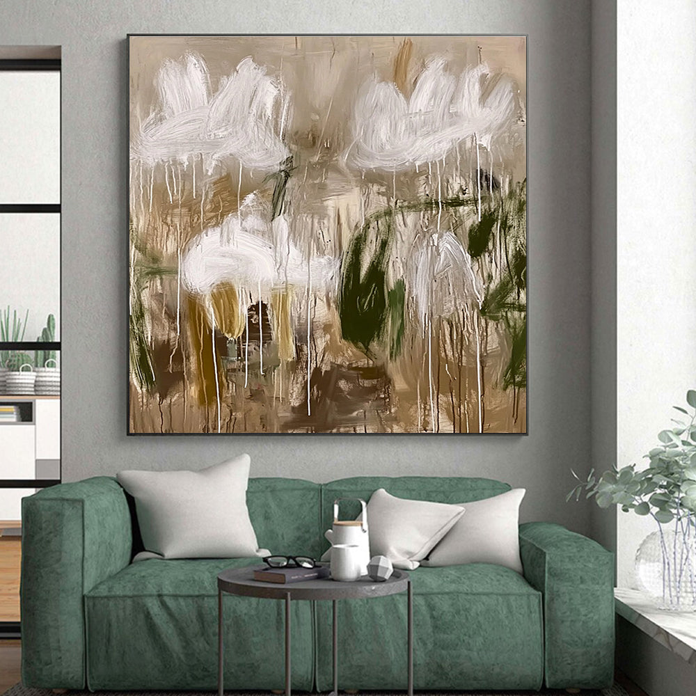 Abstract White Flowers Painting with Earthy Tones GER623
