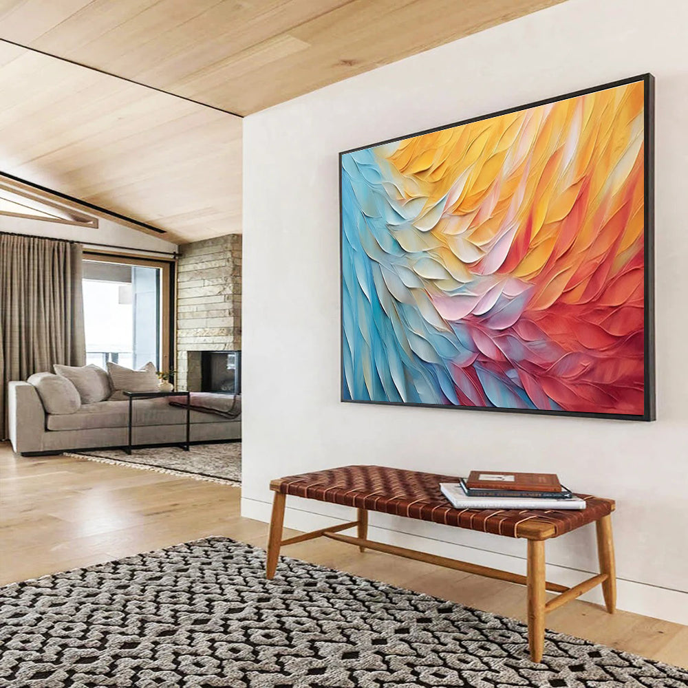 Colorful Feather Abstract Painting with Blue, Yellow, and Red Hues THY201