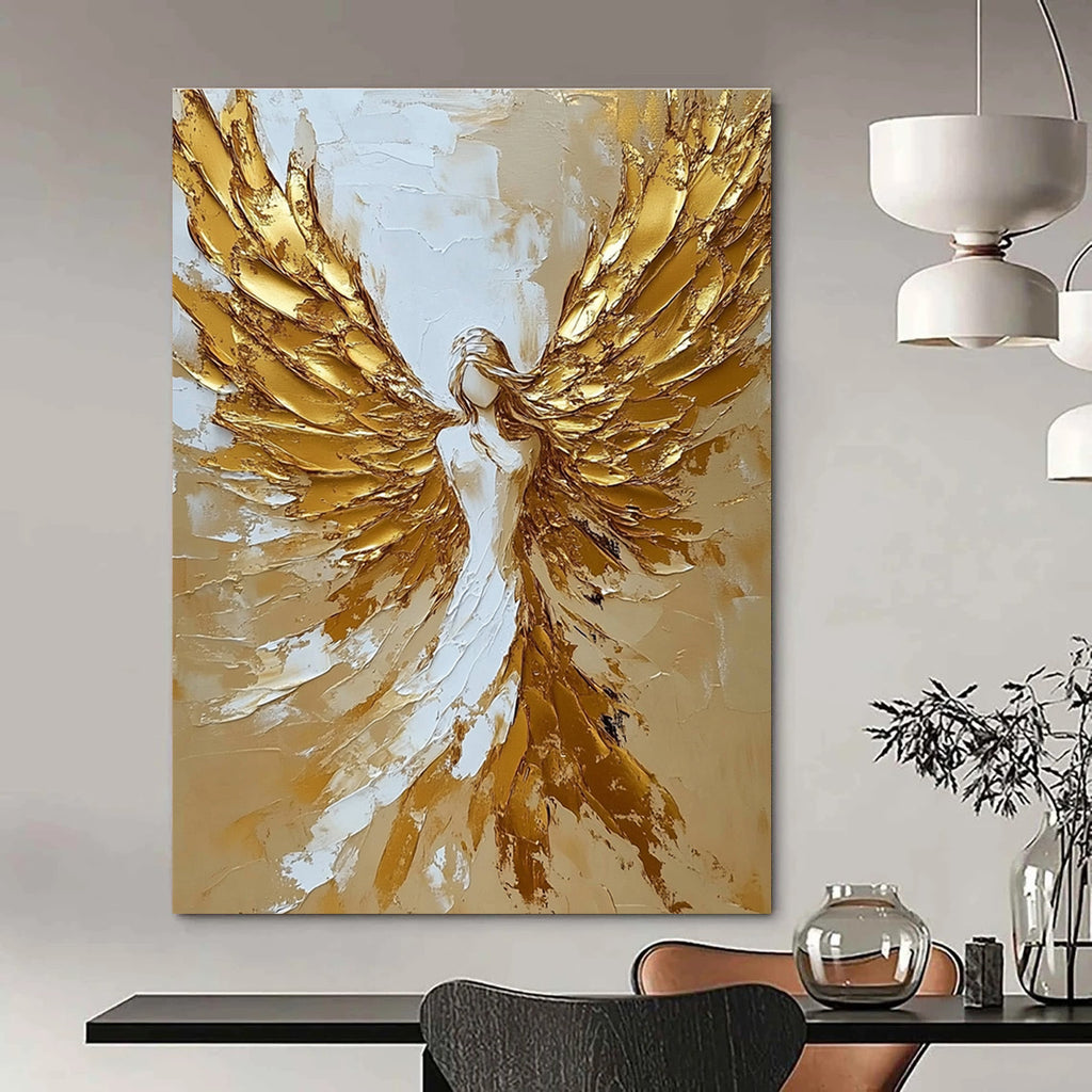 Abstract painting featuring a celestial angel with golden wings in a stunning gold and white palette knife technique.STSC008