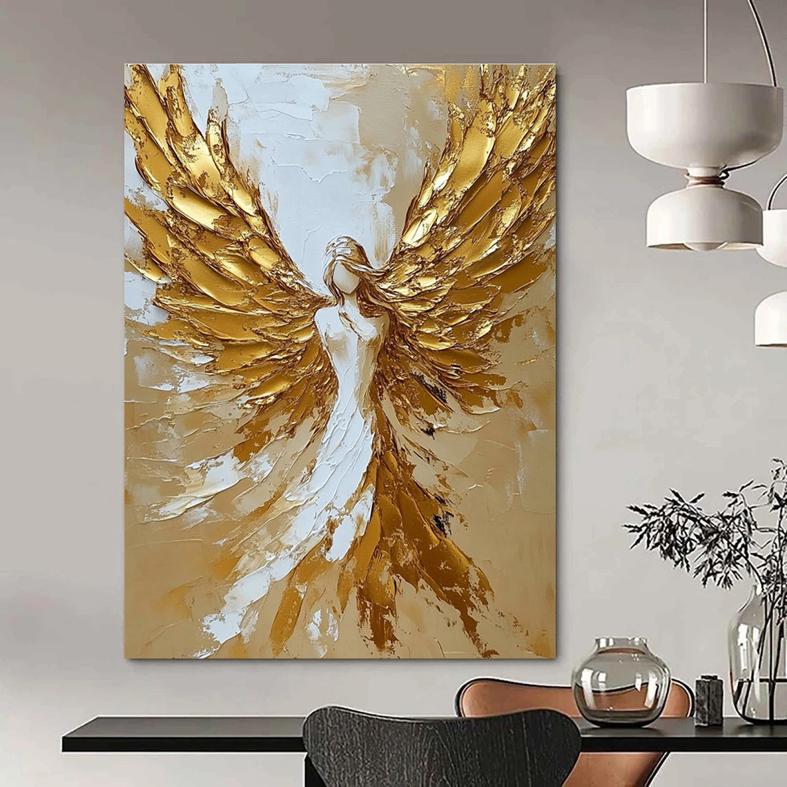 Abstract painting featuring a celestial angel with golden wings in a stunning gold and white palette knife technique.STSC008