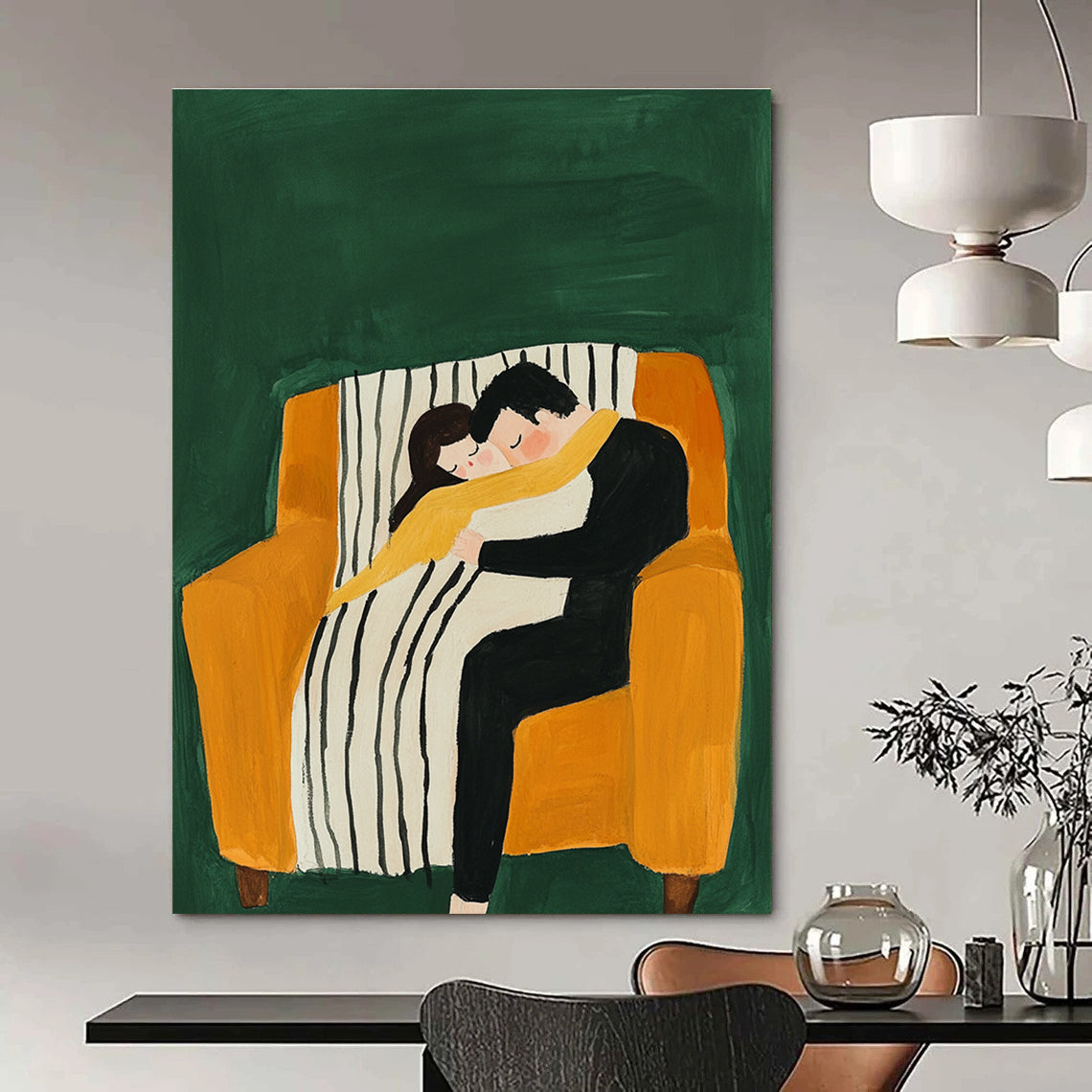 An abstract gouache illustration featuring a couple cuddling on an armchair with a striped blanket against a vibrant green background.STSC1054
