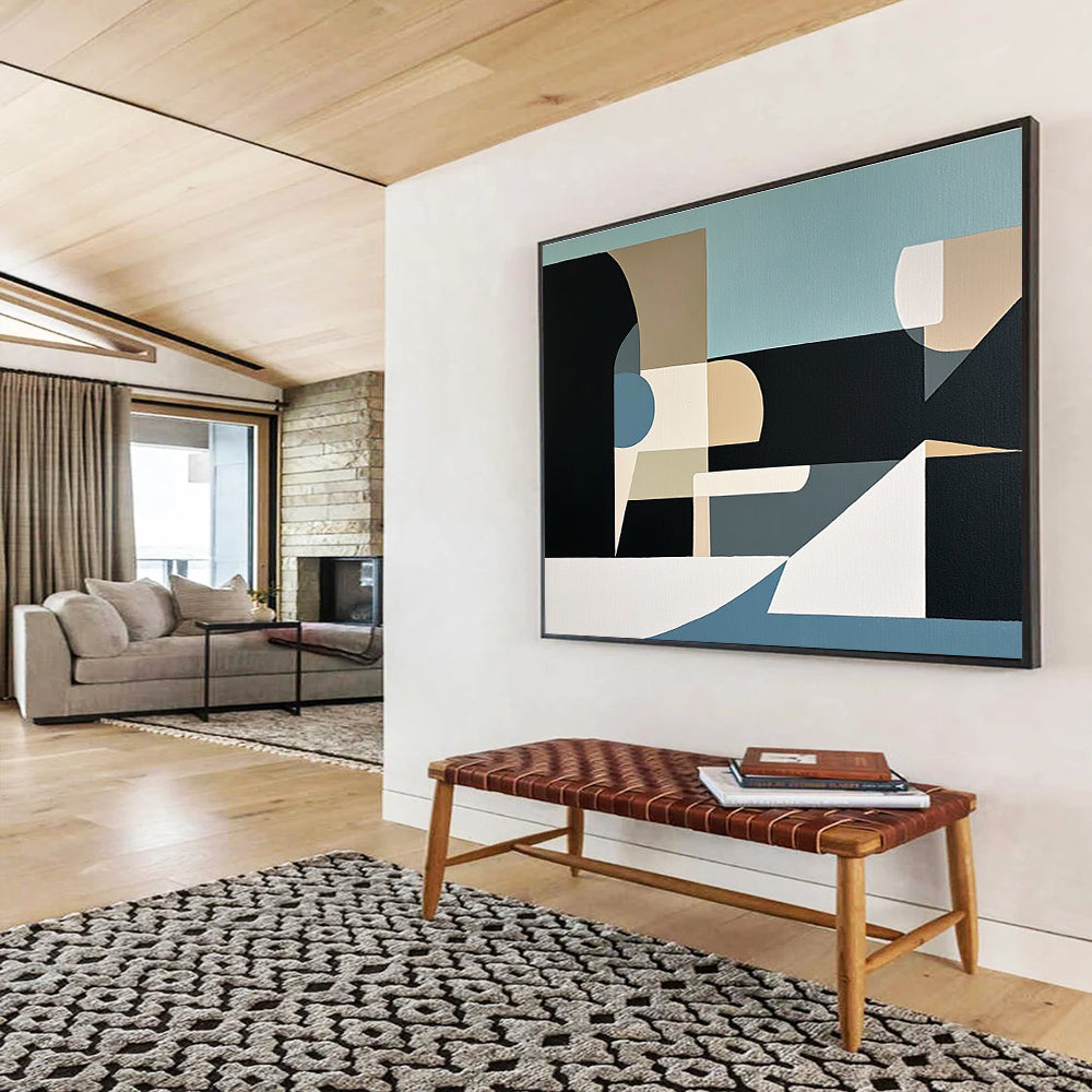 An abstract painting featuring geometric shapes and organic forms in muted tones of light blue black grey beige and white.SC512