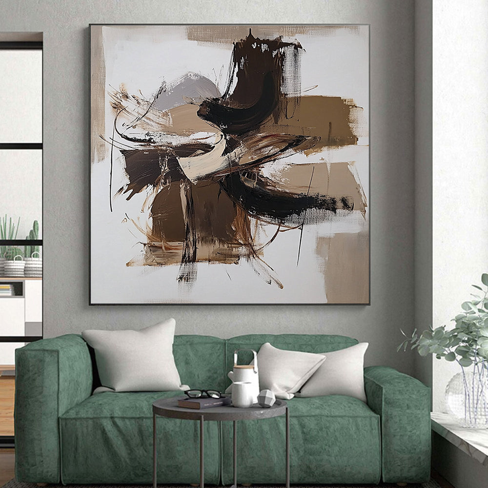 Beige Brown and White Abstract Painting with Energetic Strokes GER639