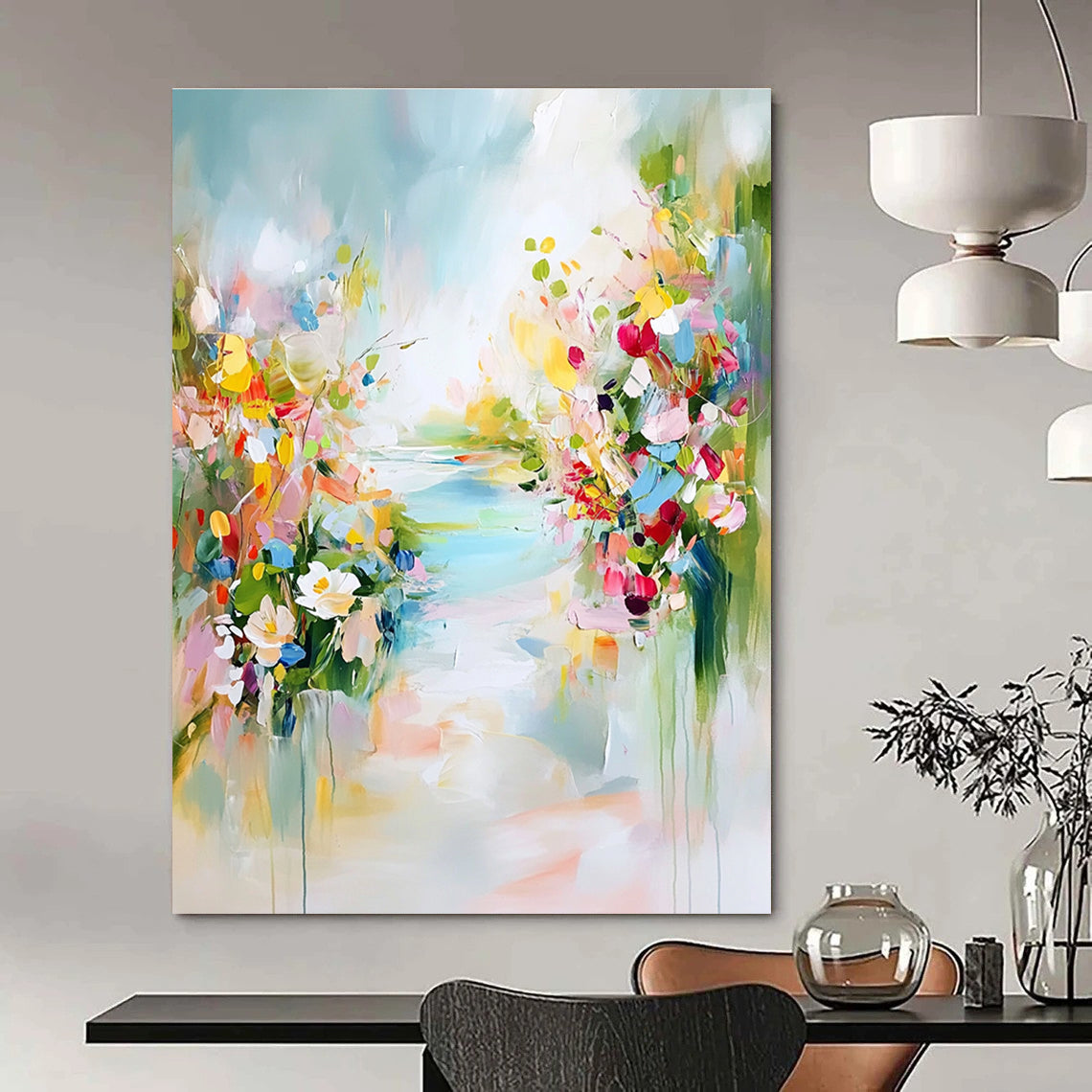A large abstract painting depicting a tranquil spring landscape with colorful flowers soft skies and hints of blue water.STSC891