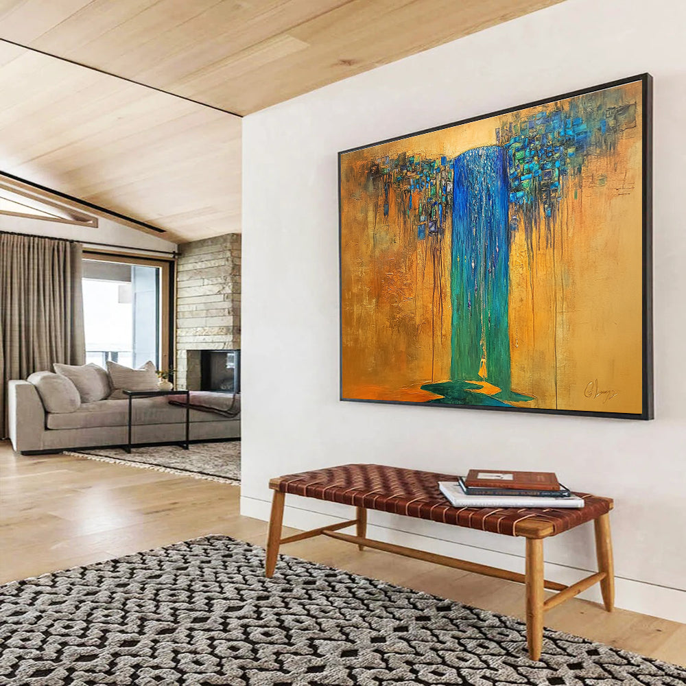 A large abstract painting featuring an ancient waterfall in blue and green hues with a crystal-haired figure under gold sunlight.SC334