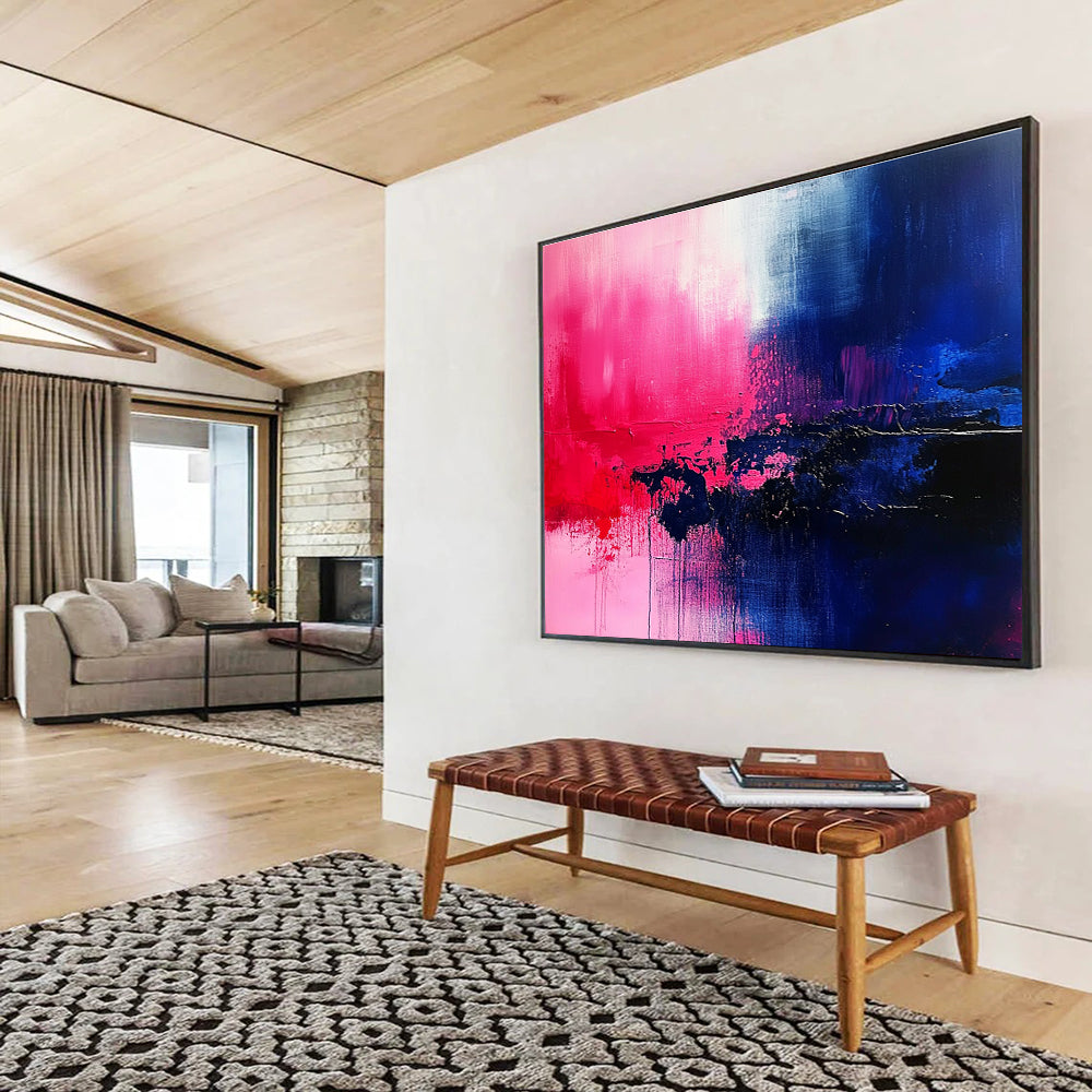 Large abstract painting featuring vibrant shades of blue pink red purple and black, ideal for contemporary decor.SC026