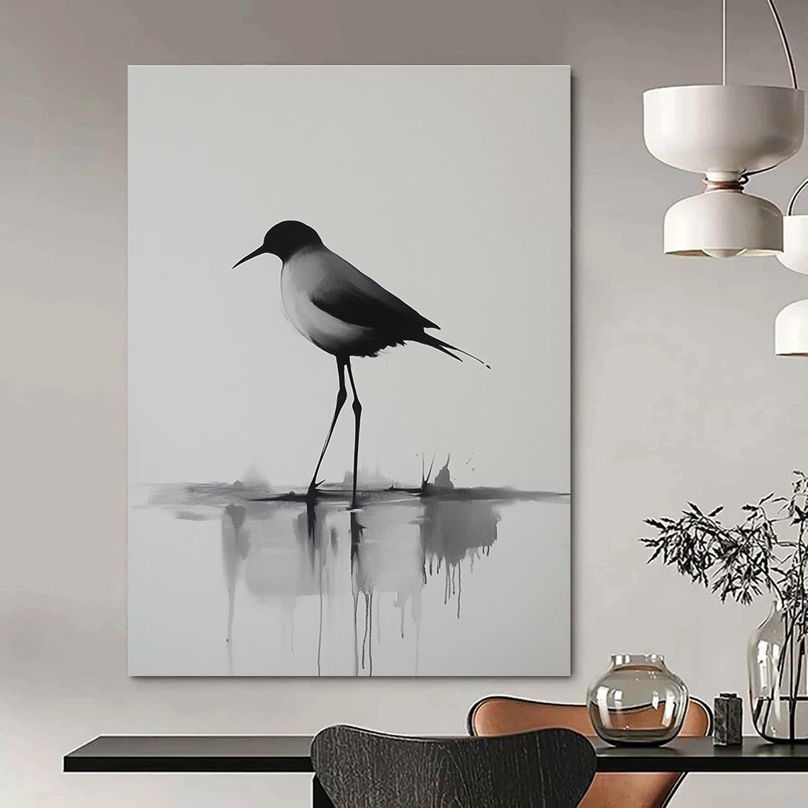 Abstract painting of a long-legged bird walking on water with minimalistic lines and reflections captured in morning light in a close-up view.STSC911