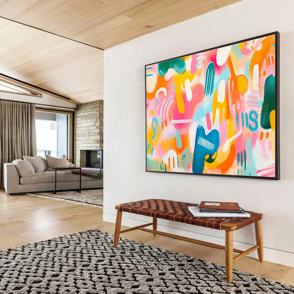 A vibrant abstract painting featuring playful shapes and colors in shades of pink orange and blue against a soft pastel background full of energy.SC483