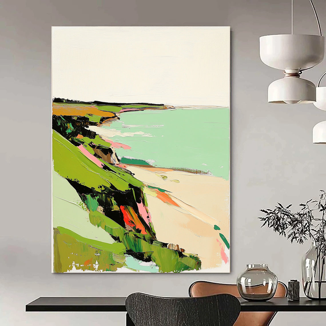 Abstract painting featuring green coastal landscape in muted tones with pink highlights textured with thick brush strokes on a white background.STSC1299