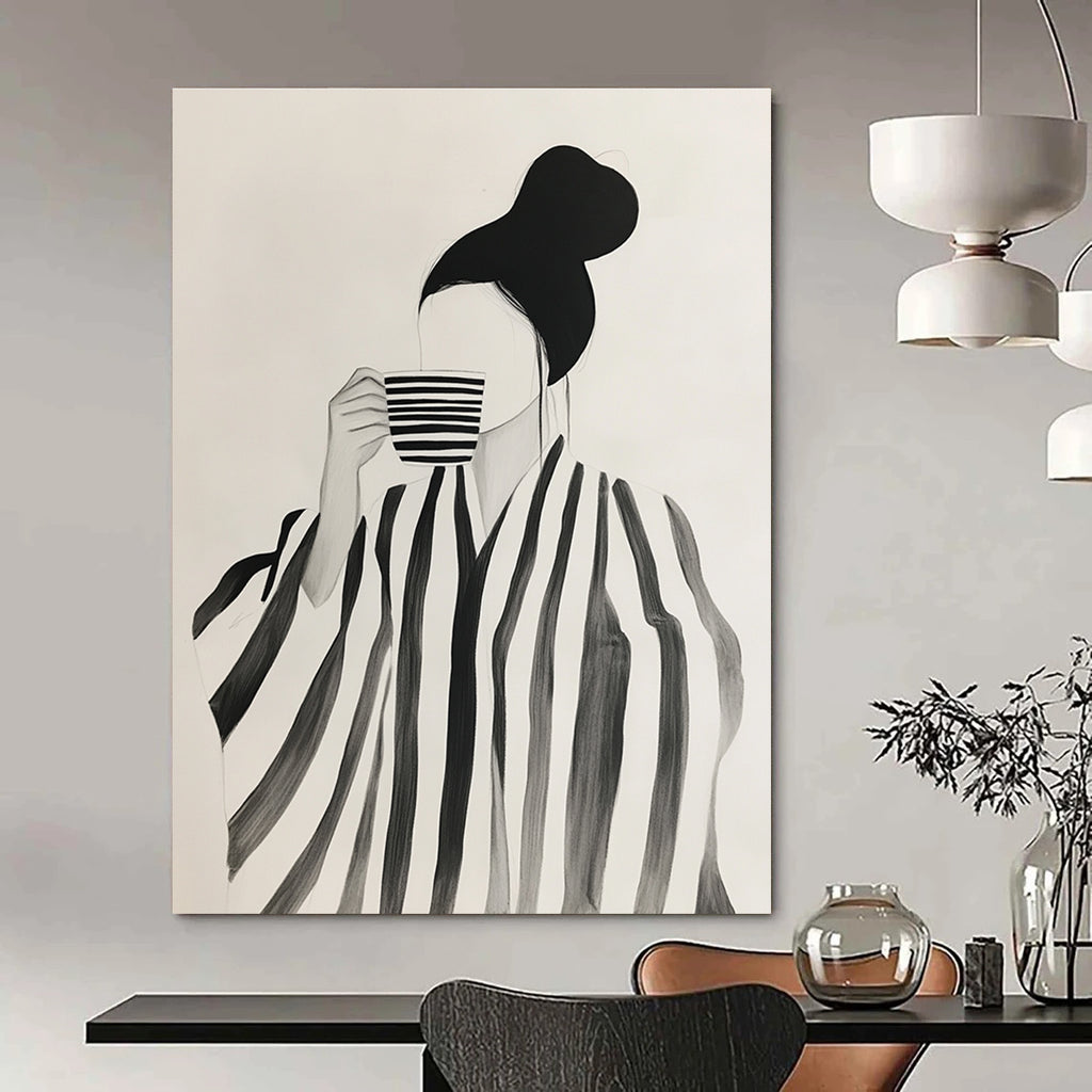 Abstract art featuring a woman in a striped robe enjoying coffee amidst neutral shapes in shades of black and grey on a white background.STSC1344