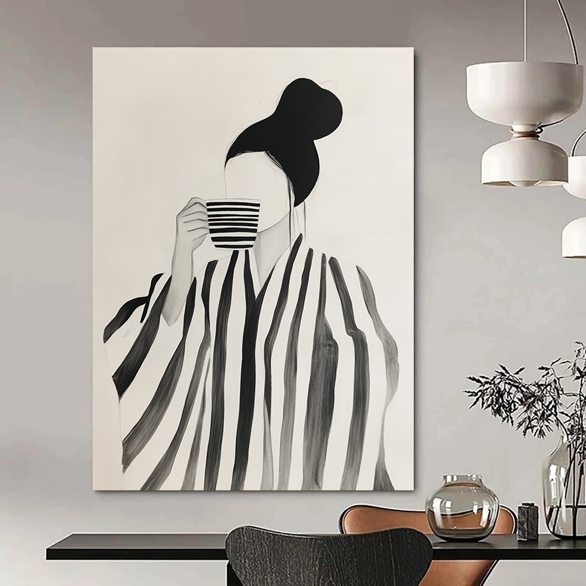 Abstract art featuring a woman in a striped robe enjoying coffee amidst neutral shapes in shades of black and grey on a white background.STSC1344