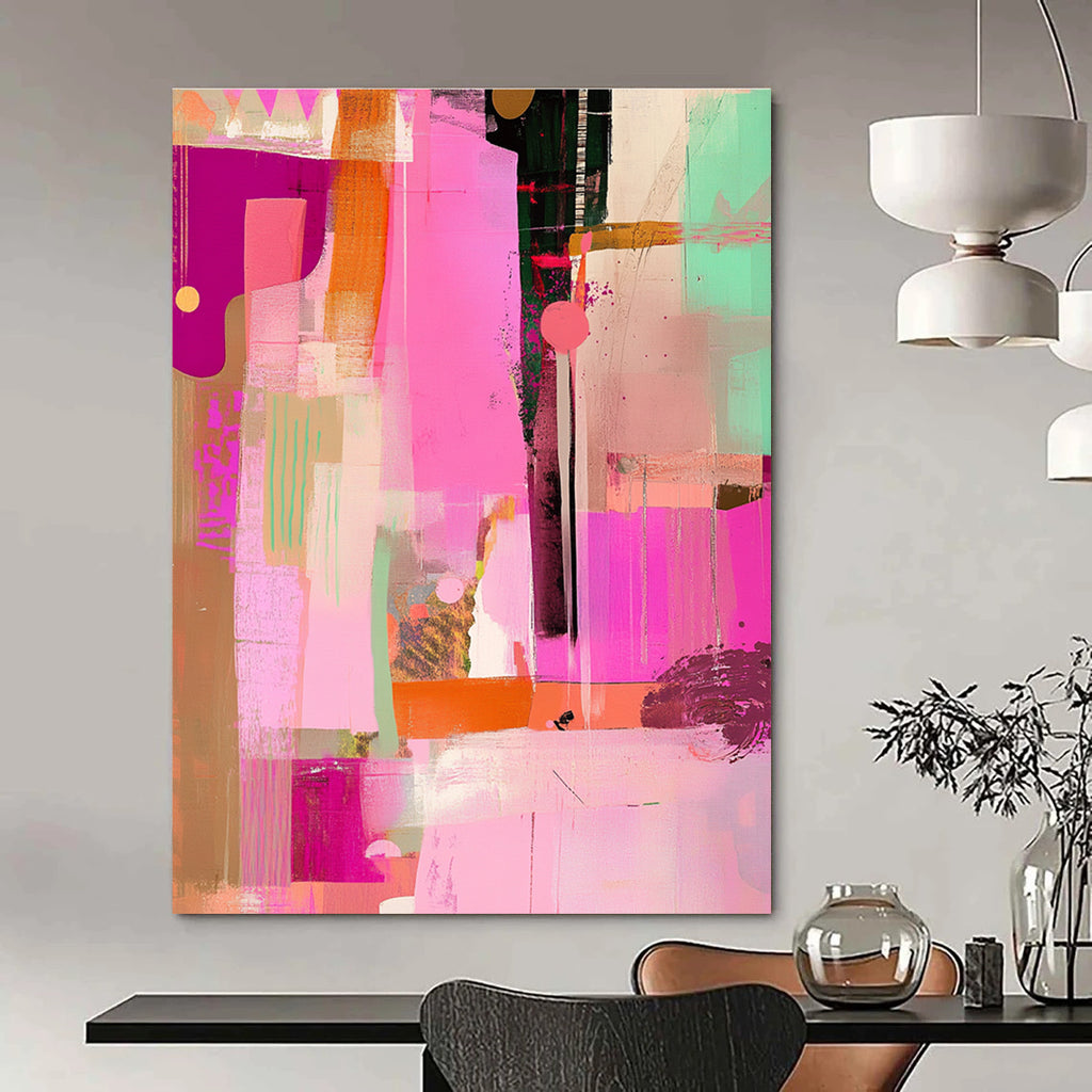 Large abstract artwork featuring pink tones with a collage of lines and shapes that adds a unique flair to any space.STSC525
