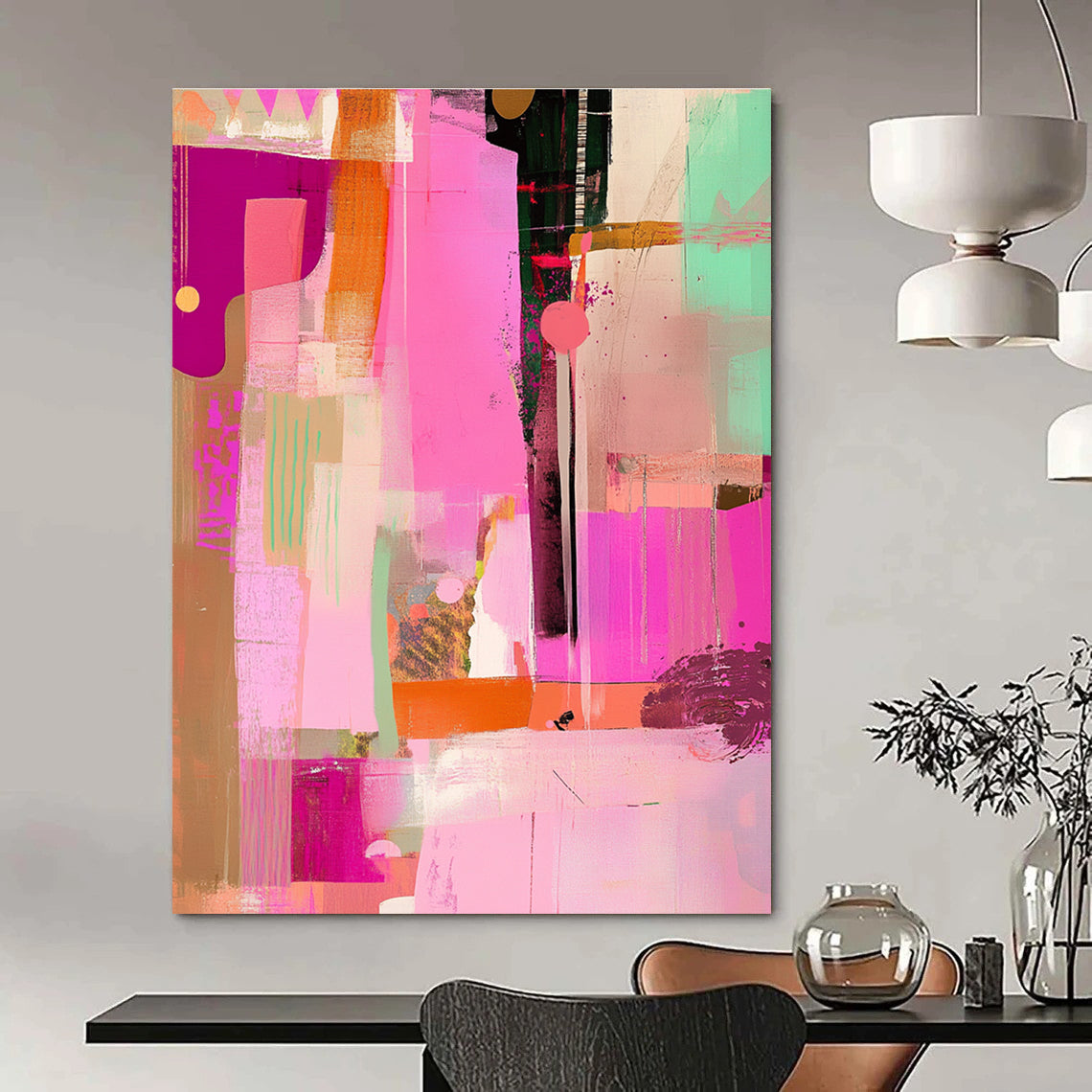 Large abstract artwork featuring pink tones with a collage of lines and shapes that adds a unique flair to any space.STSC525