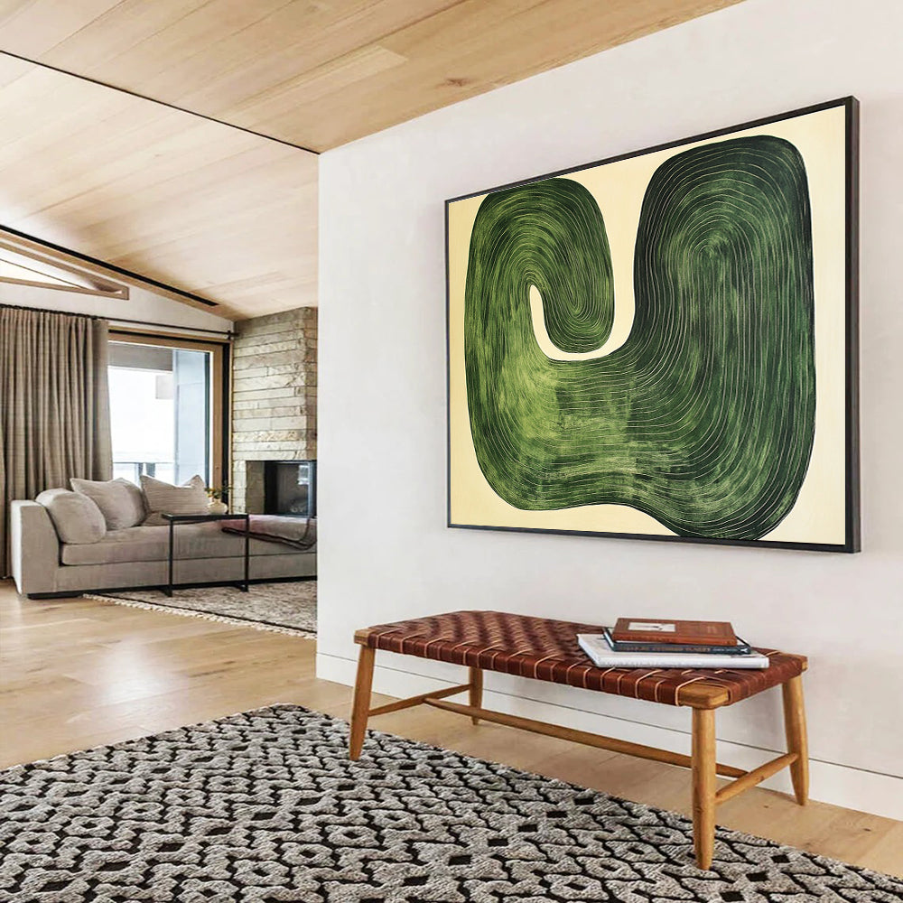 Green Curved Lines Abstract Painting with Organic Shapes DYP363