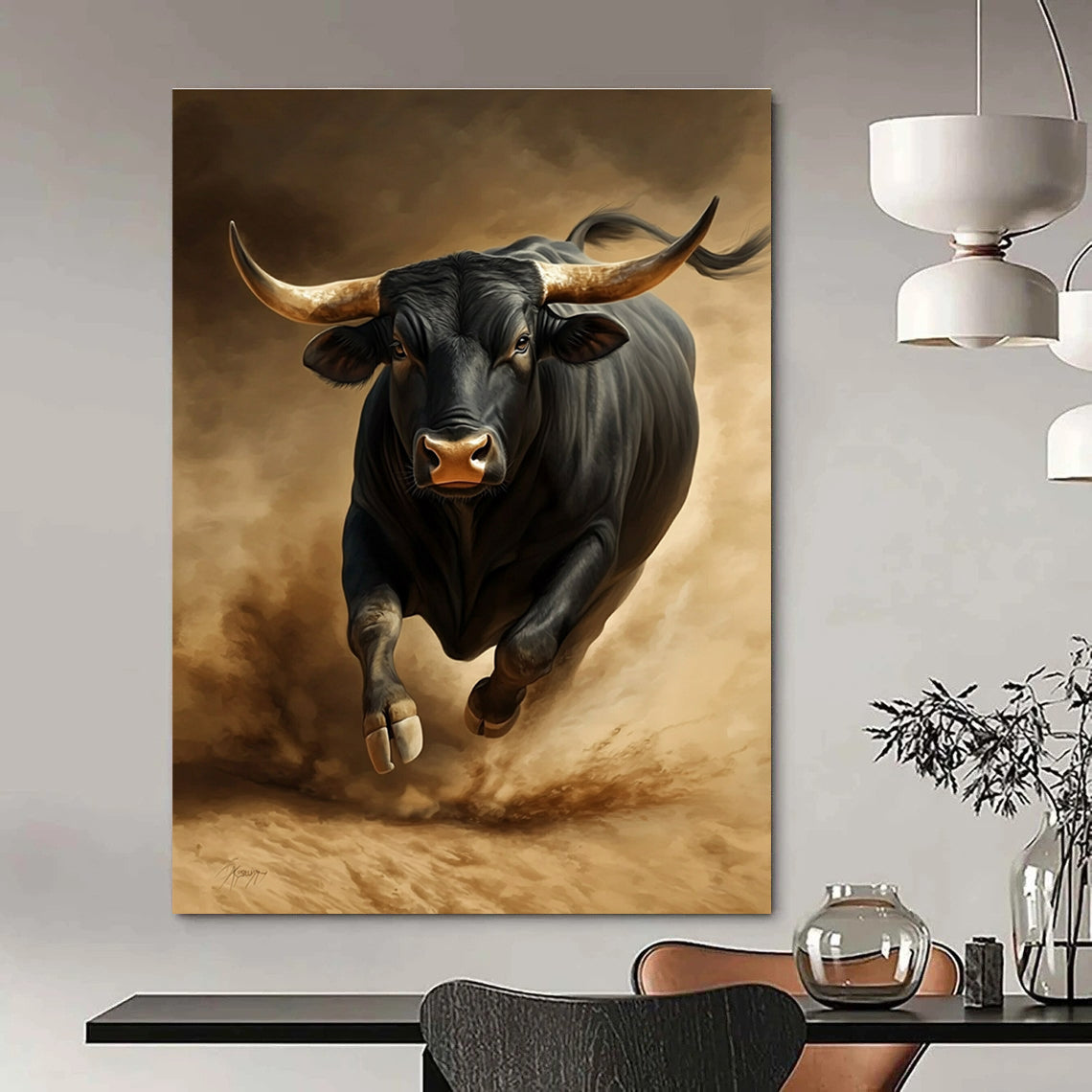 A large abstract painting featuring a black bull in the desert showcasing strong expression and high detail on a dark brown background.STSC914