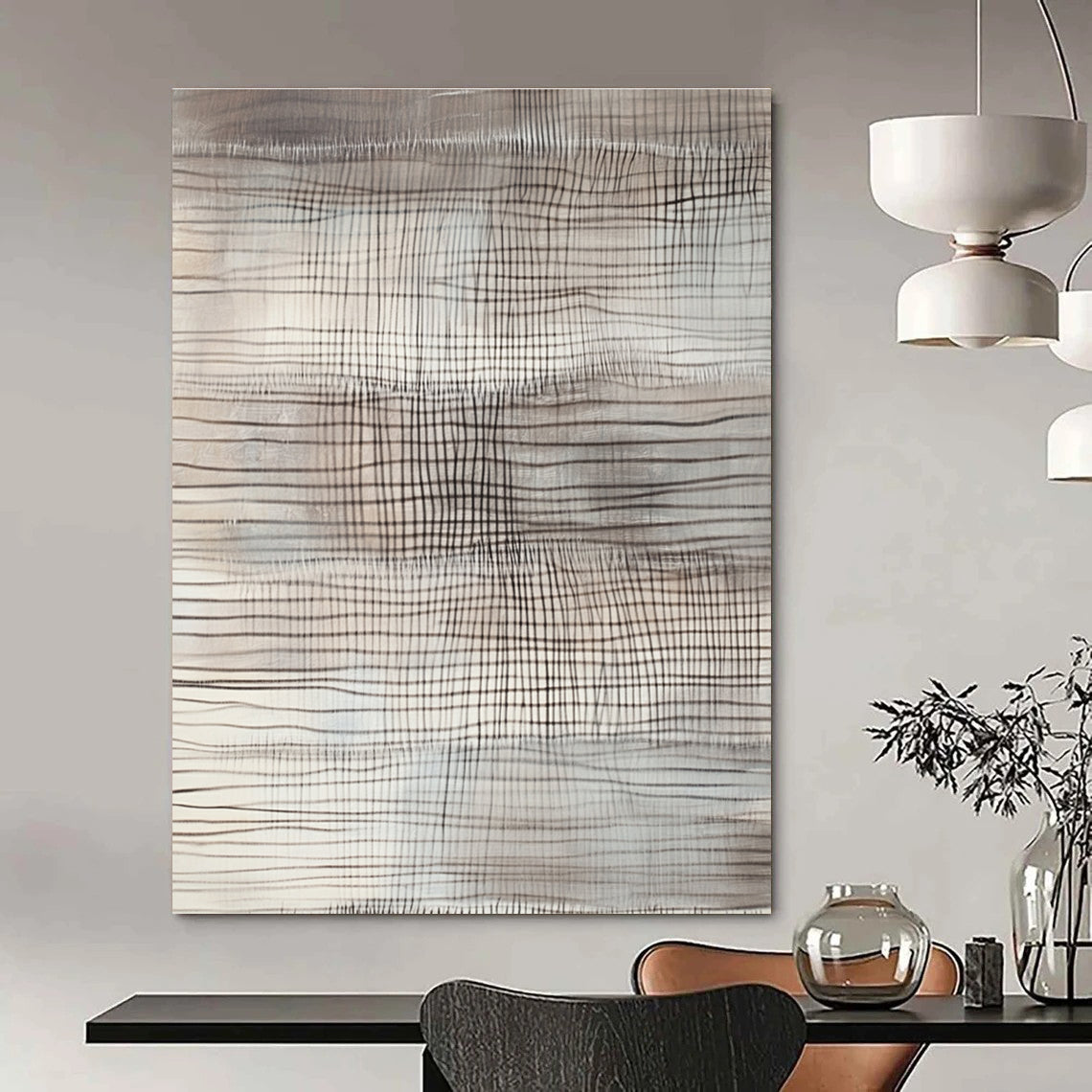 Large abstract painting with gray and white lines featuring textured patterns and horizontal stripes resembling undulating hills or mountains with dark contrasting shadows.STSC1439