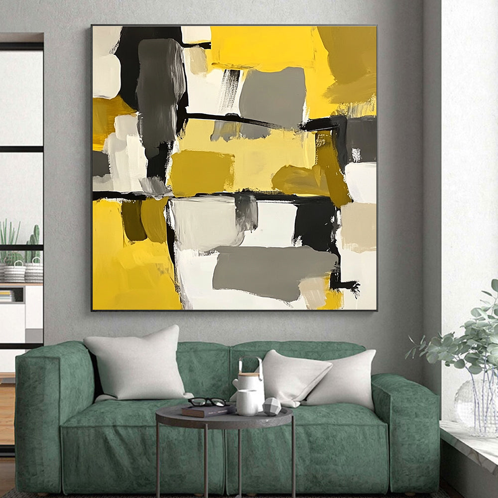 Yellow Gray Black and White Abstract Painting with Geometric Shapes GER646