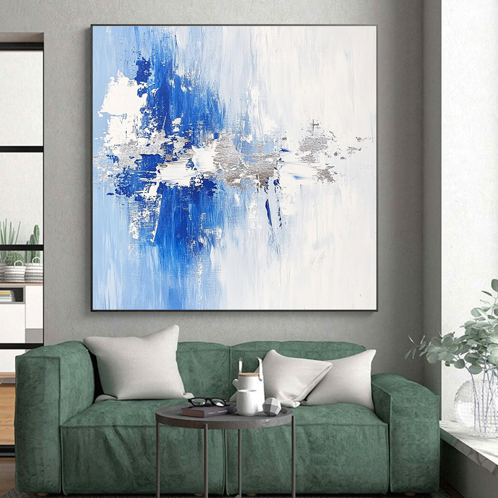 Blue and Silver Abstract Painting with Subtle Textures GER391
