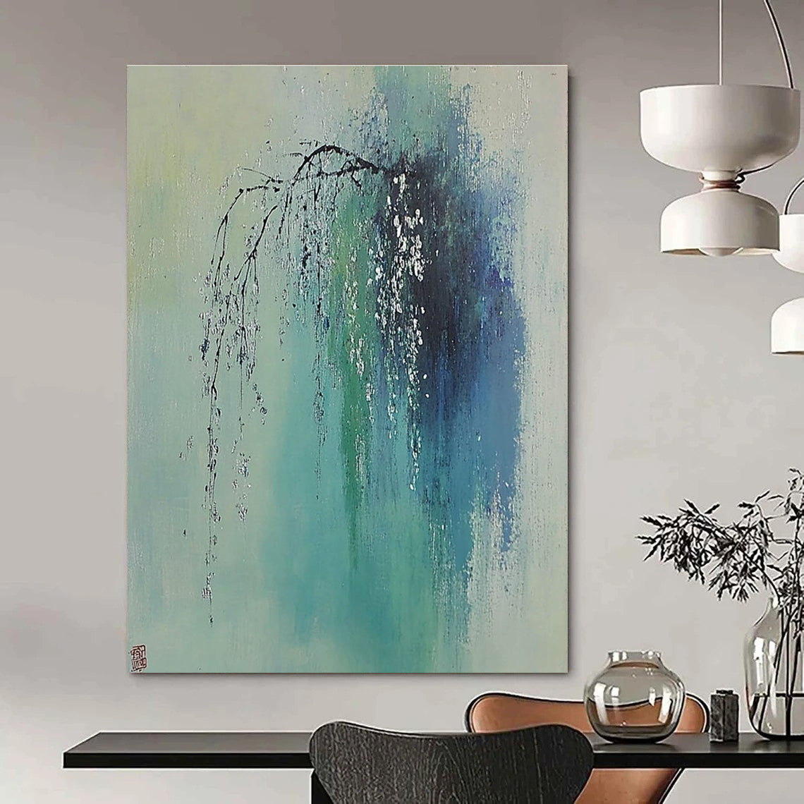 Large abstract painting of a willow tree with silver dewdrops soft colors and a misty rain in spring inspired by Zao Wou-Ki.STSC1038