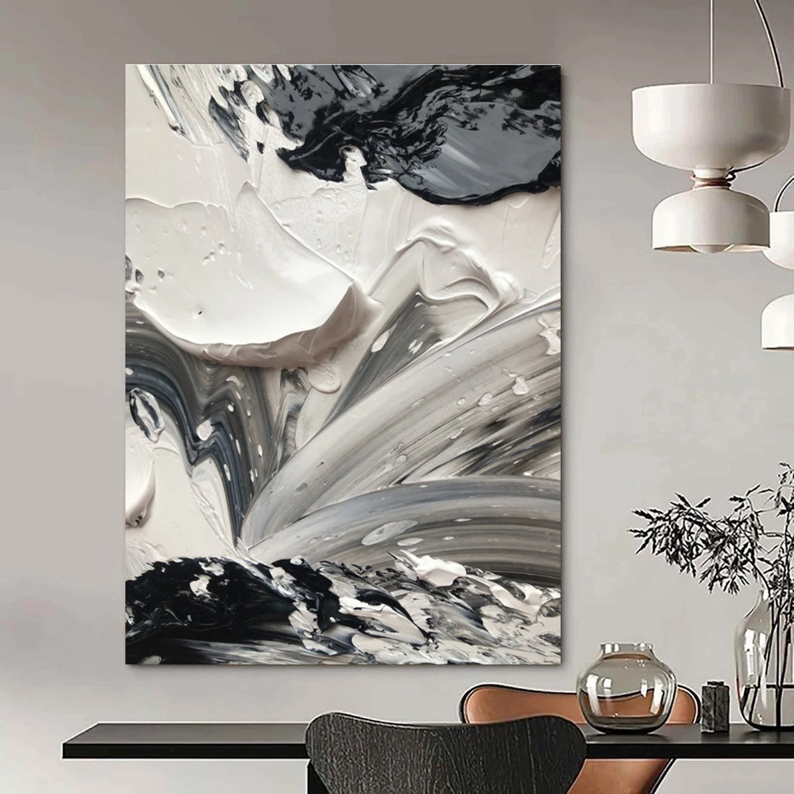 Black and White Impasto Abstract Painting with Dynamic Textures ADGE440