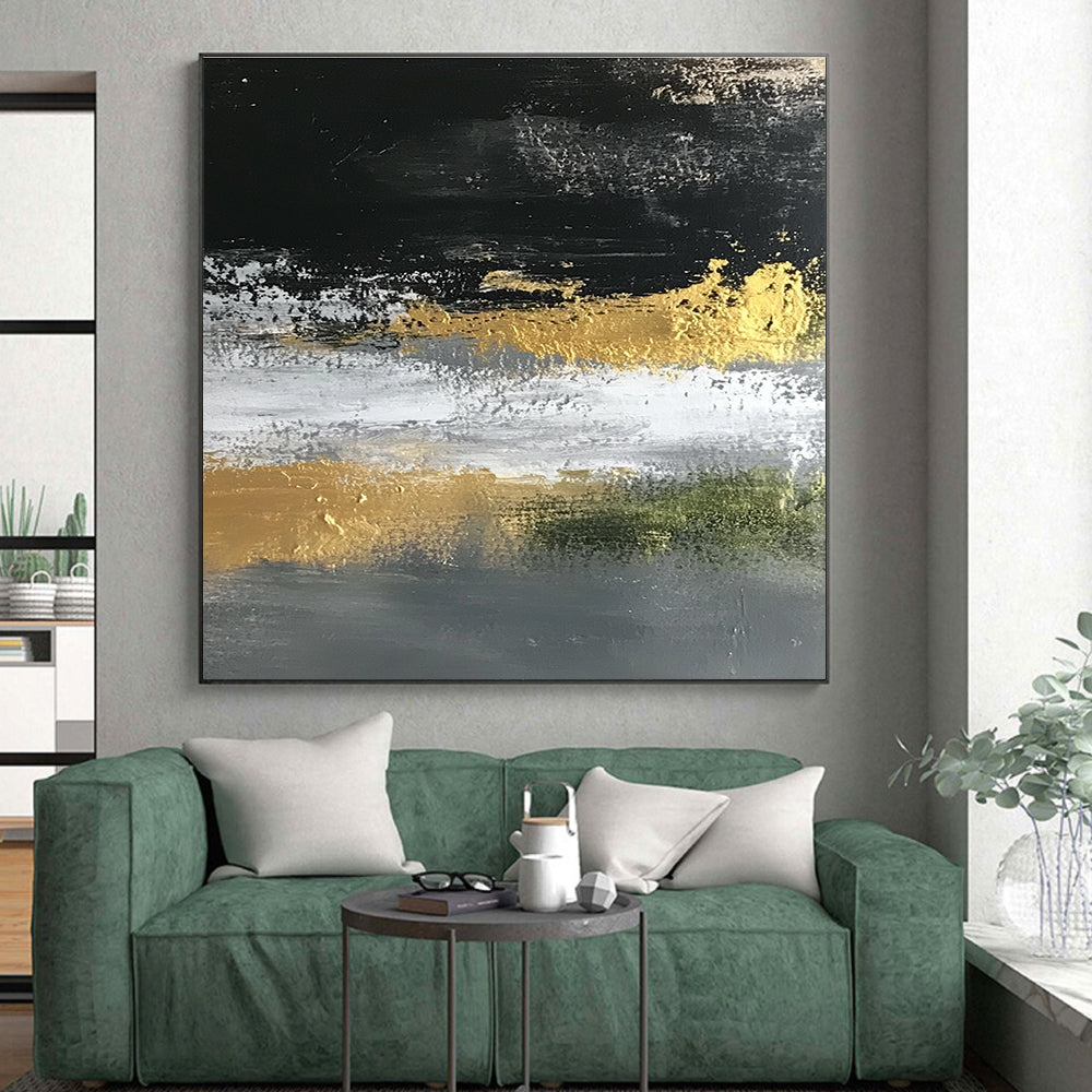 Gold Accented Abstract Painting on Black Gray and White GER248