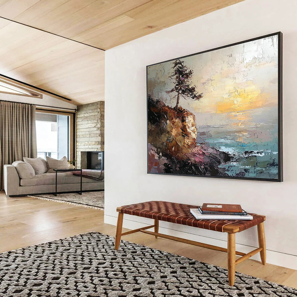 Abstract painting featuring a rocky coastline with a pine tree on a cliff under a sunset in textured oil paint.SC599