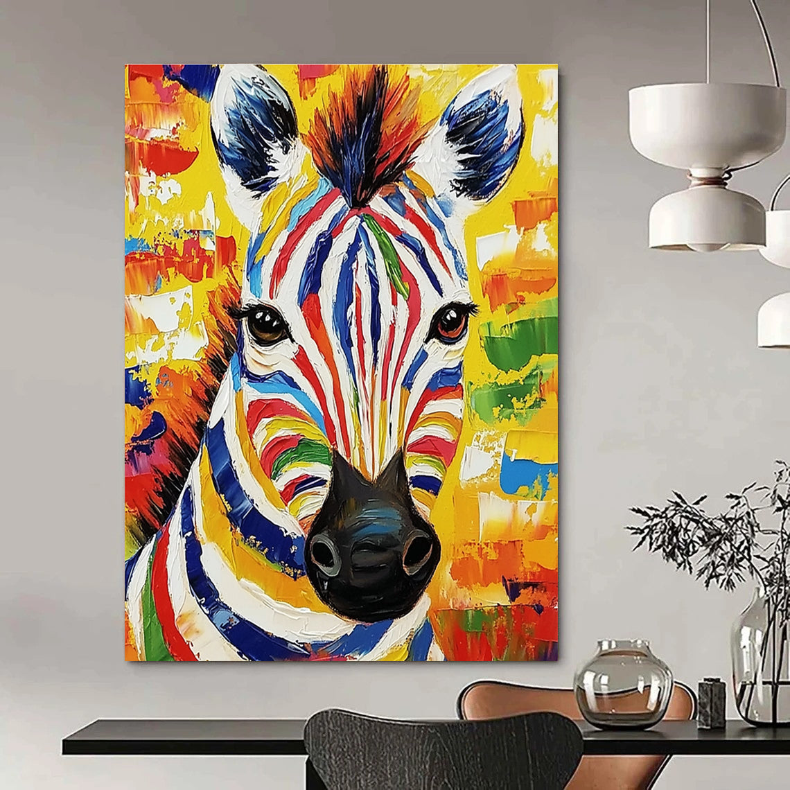 This large abstract painting features a vibrant zebra portrait in bold colors and thick brush strokes, radiating lively expression and natural light.STSC975
