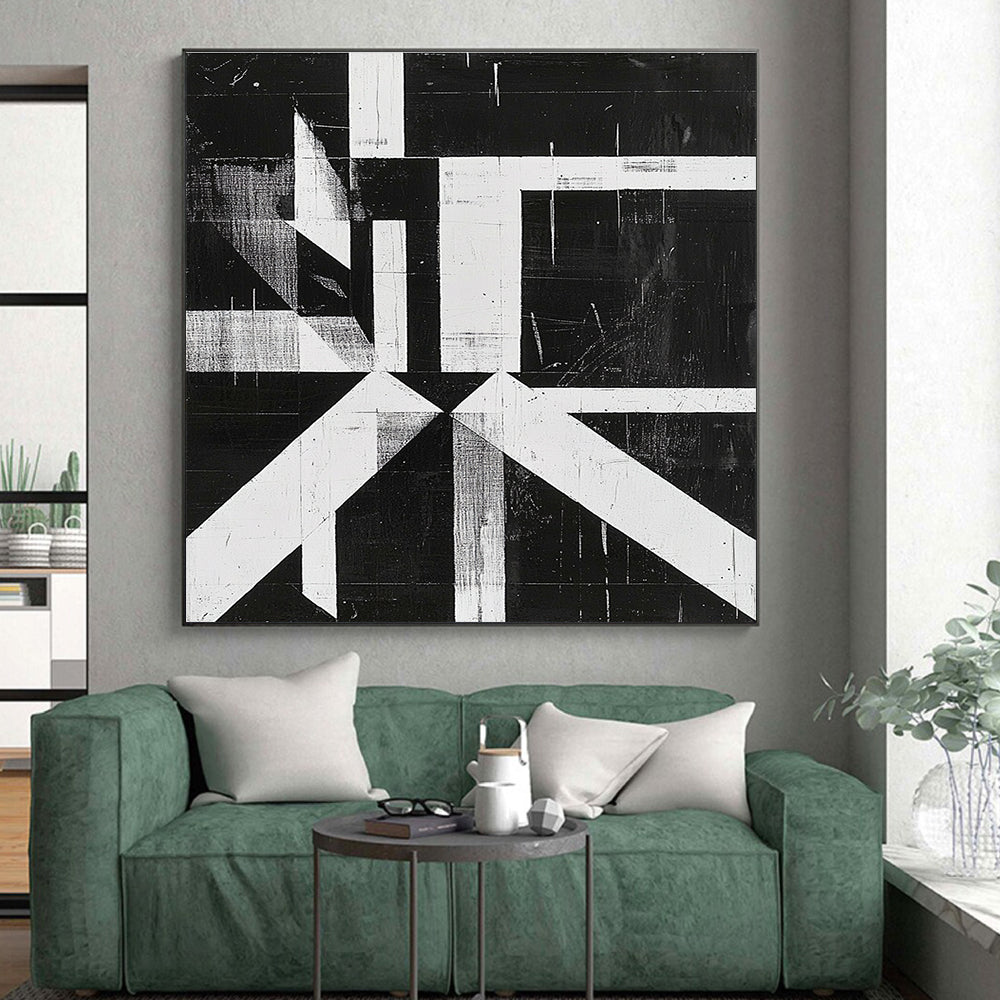Black and White Geometric Abstract Painting with Angular Forms GER009