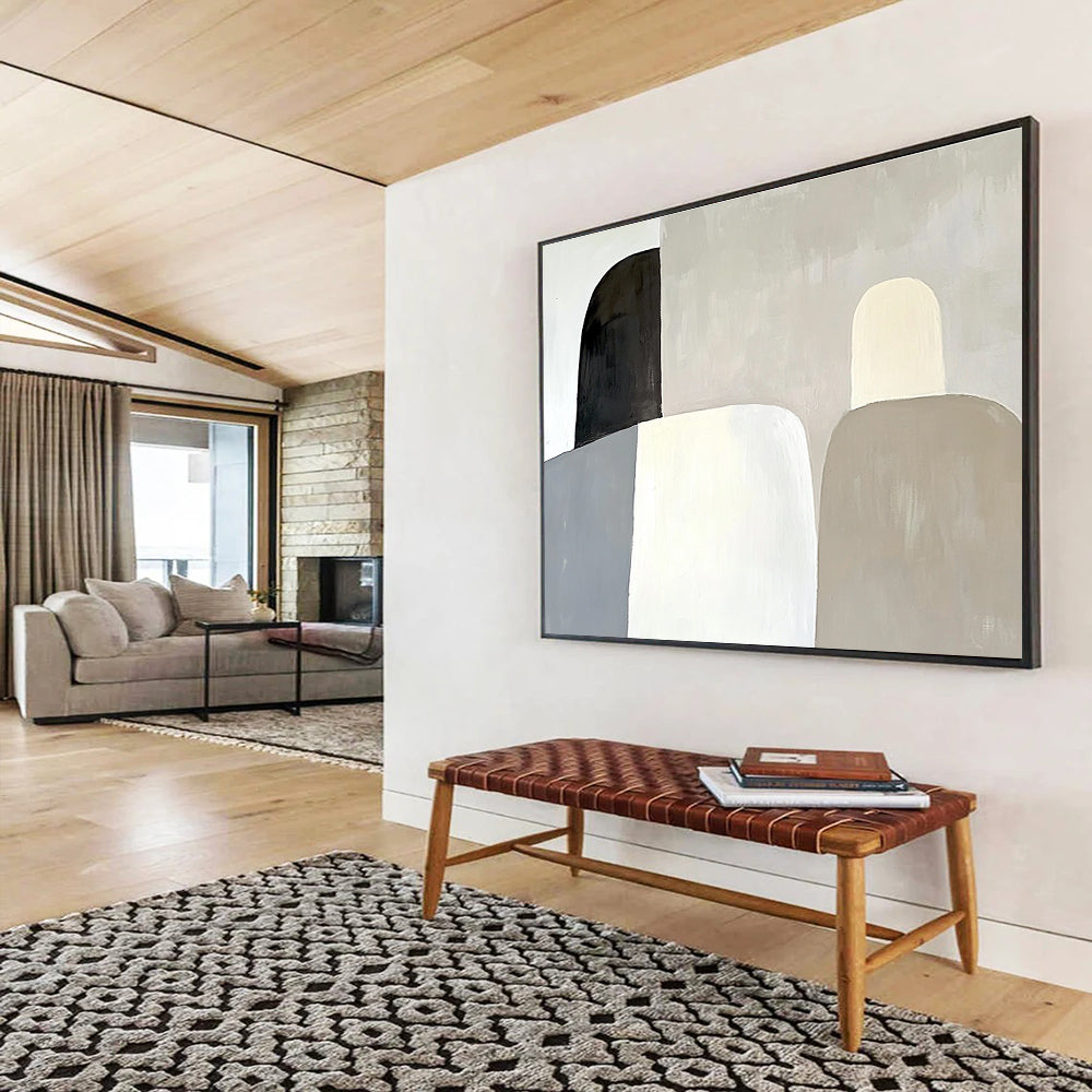Large abstract painting featuring soft gray shapes against a white background with subtle forms and elegant modern aesthetic.SC589