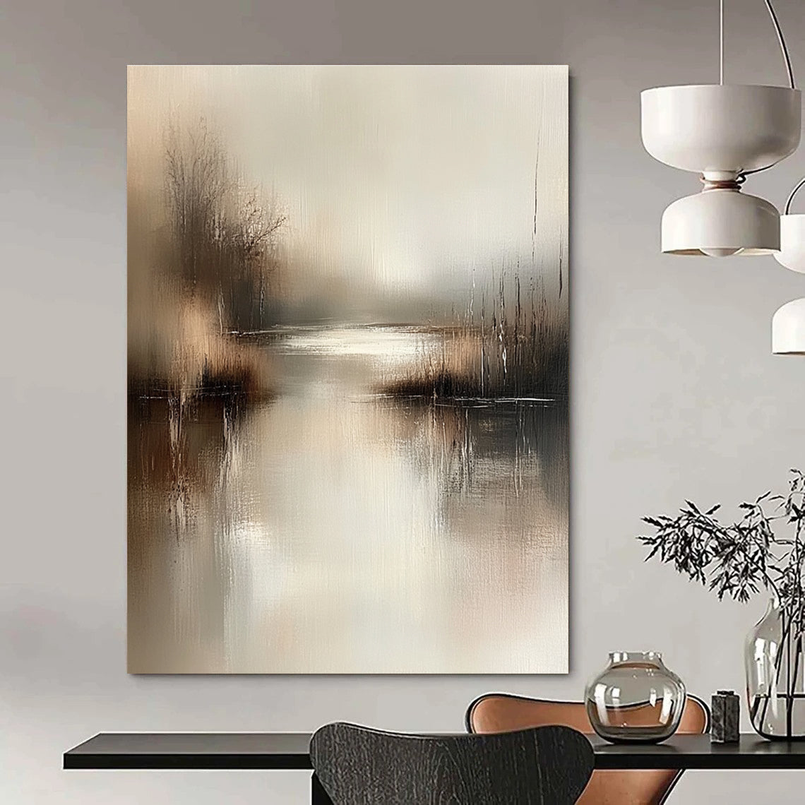 Large abstract painting in muted beige and grey tones captures serene water's edge with gentle brushstrokes evoking tranquility and calmness in any setting.STSC078
