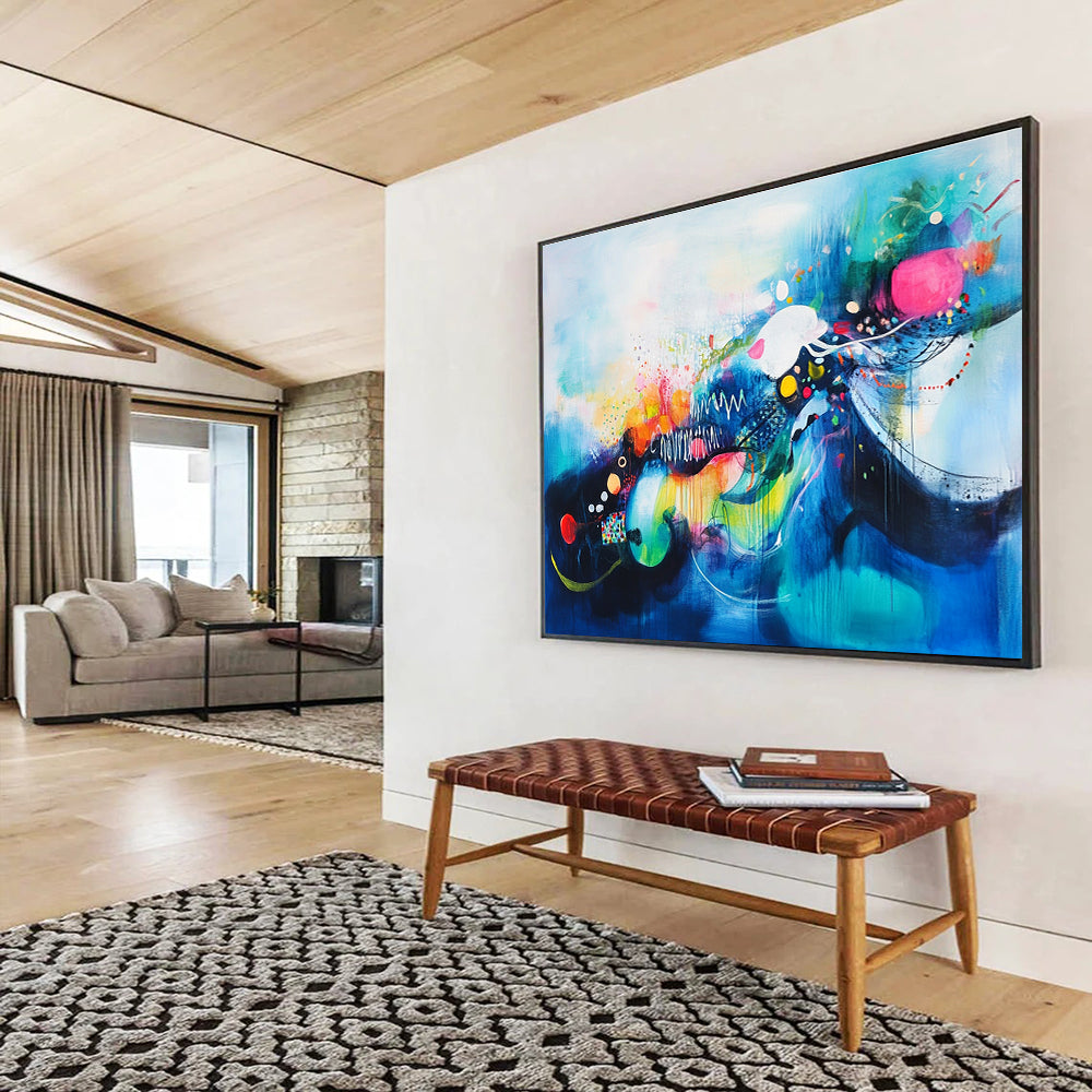 Colorful Blue Abstract Painting with Whimsical Elements DYP383