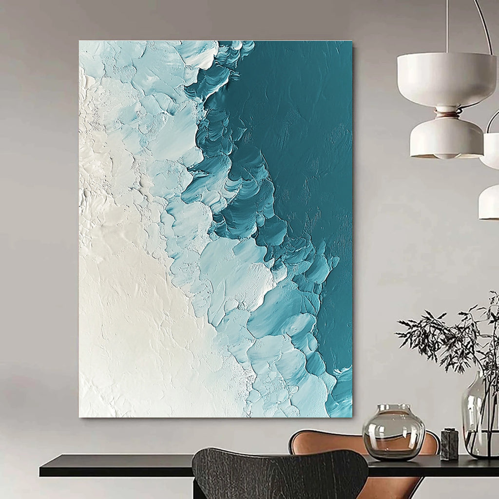 Large abstract painting depicting ice and snow in light blue and white tones with heavy impasto texture and ultra-high resolution.STSC311