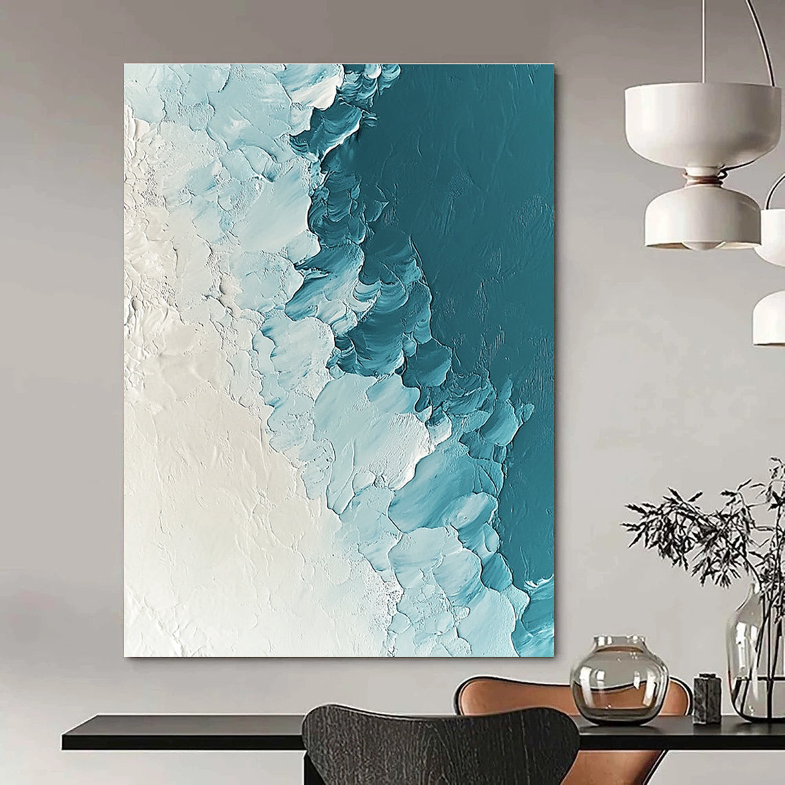 Large abstract painting depicting ice and snow in light blue and white tones with heavy impasto texture and ultra-high resolution.STSC311