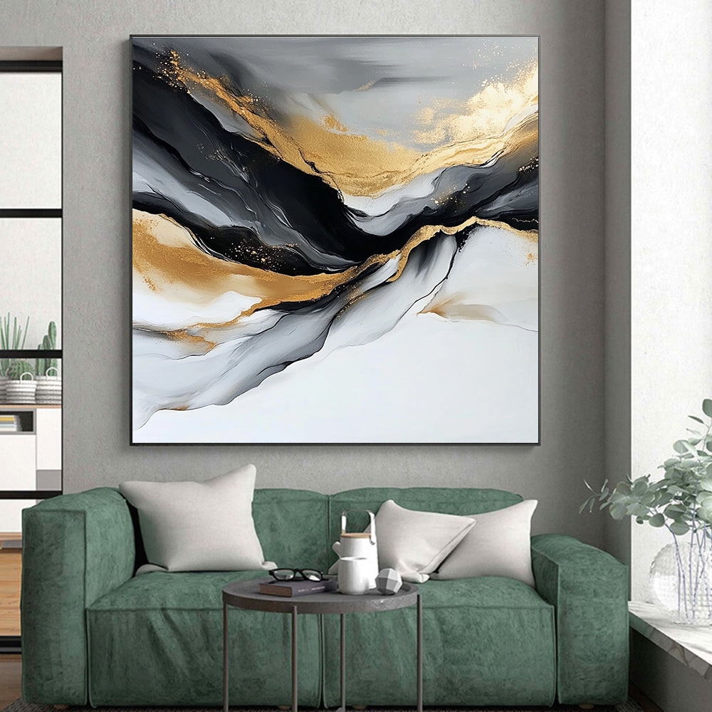 Gold Black and Gray Abstract Painting with Flowing Lines GER417