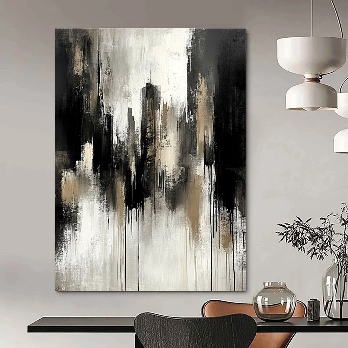 Abstract painting featuring neutral tones of grey and black with urban landscape elements and dramatic mood, enhanced by soft lighting and paint drips.STSC250