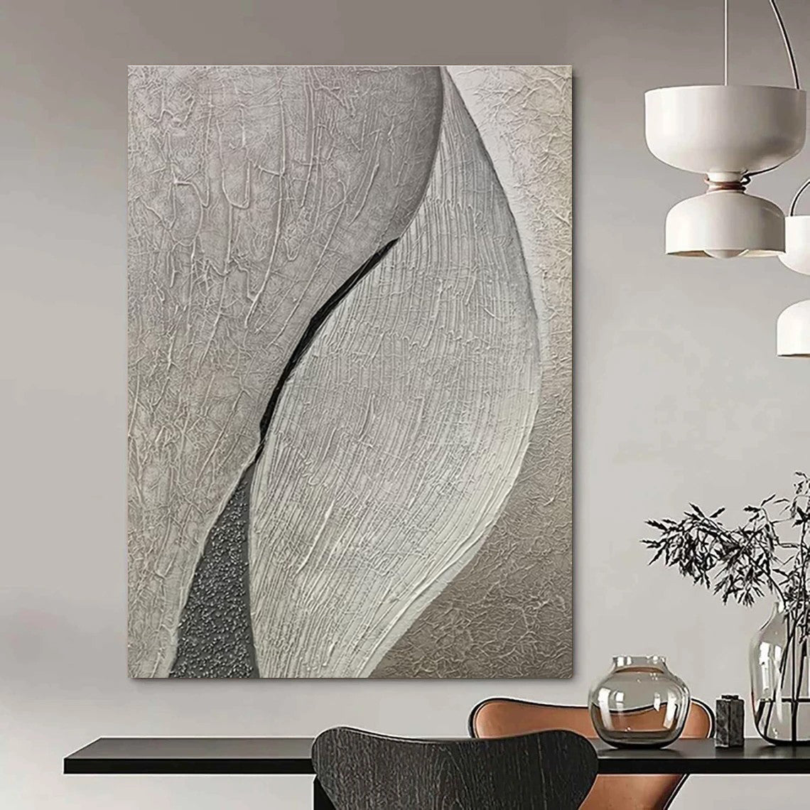 Textured Gray Abstract Painting with Leaf - like Forms ADGE517