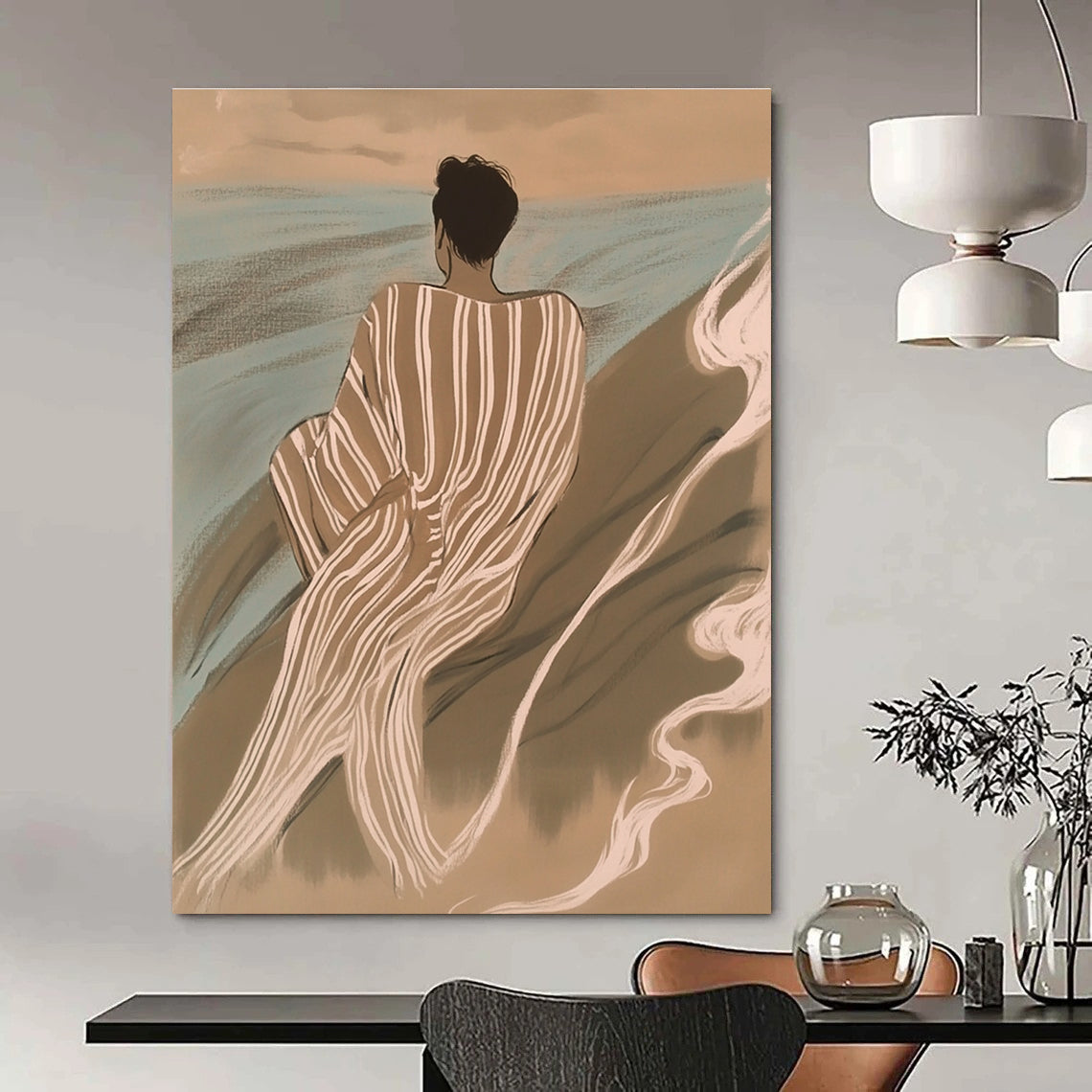 A large abstract painting featuring an Asian man in striped robes surrounded by waves and smoke in soft tones of brown and blue.STSC1104