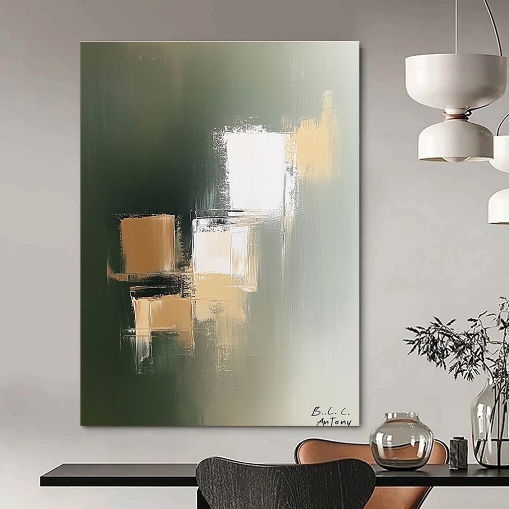 Large abstract painting featuring beige and white blocks on a soft green background with minimalist style by B.C. Antony.STSC212