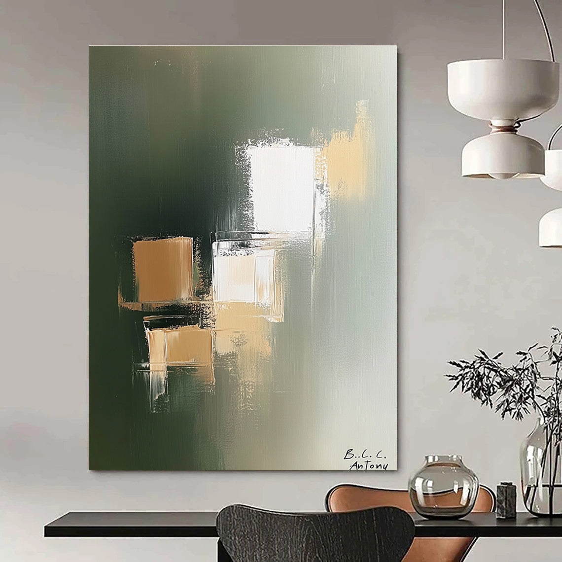 Large abstract painting featuring beige and white blocks on a soft green background with minimalist style by B.C. Antony.STSC212