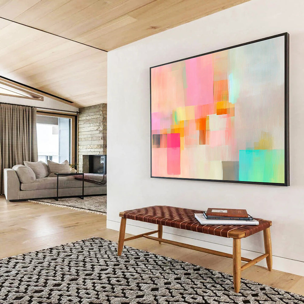 An expansive abstract painting featuring soft pastel colors and fluid geometric shapes creates a dreamy atmosphere of movement and calmness.SC302