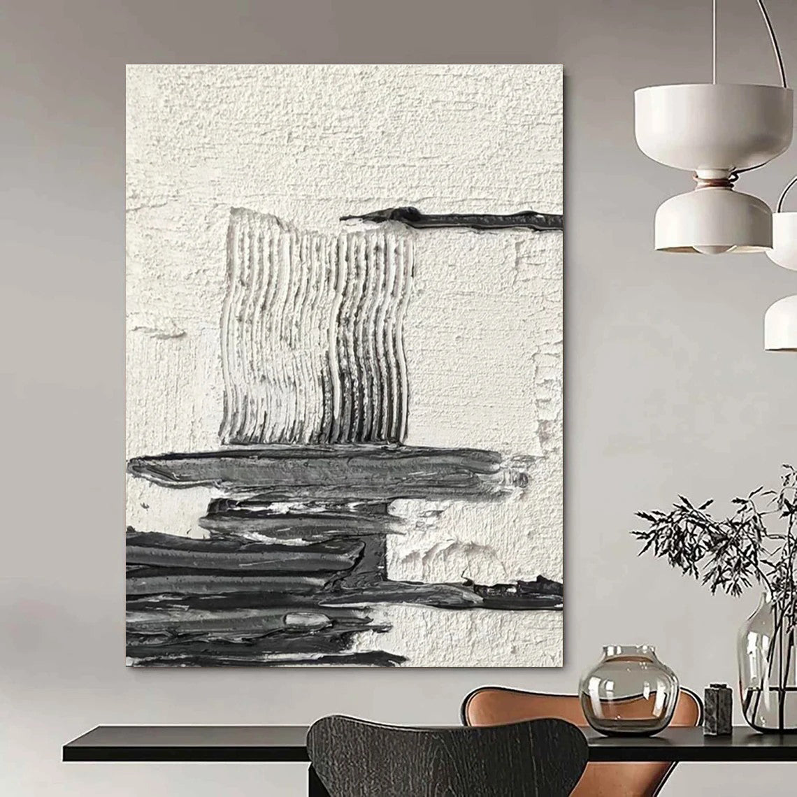 Black and White Layered Textured Abstract Painting ADGE388