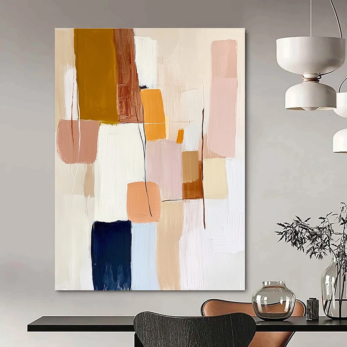 Large abstract painting featuring geometric shapes in pastel colors with textured brush strokes on a white background creating a harmonious composition.STSC755
