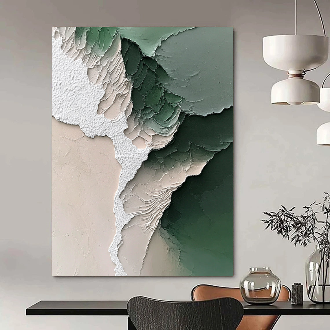 Large Abstract Painting Featuring a White Beach and Green Water with Impressionistic Brushstrokes and Dreamy Colors Capturing Nature's Beauty.STSC1246